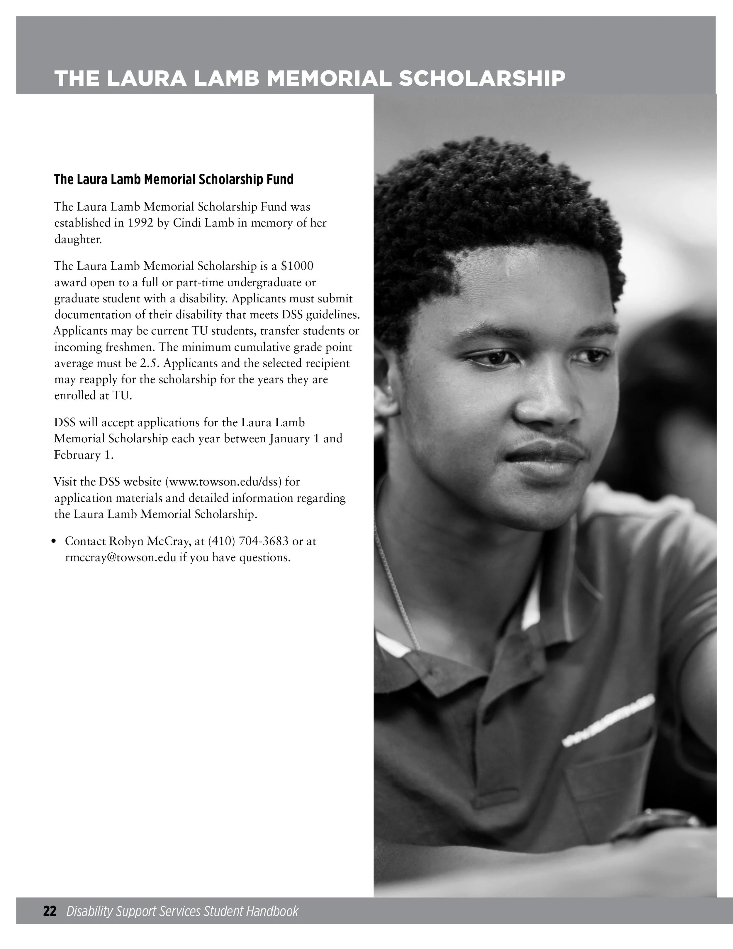 A young man with short curly hair looking slightly to the right, wearing a polo shirt and a necklace, in a grayscale photograph included on a page of a handbook.