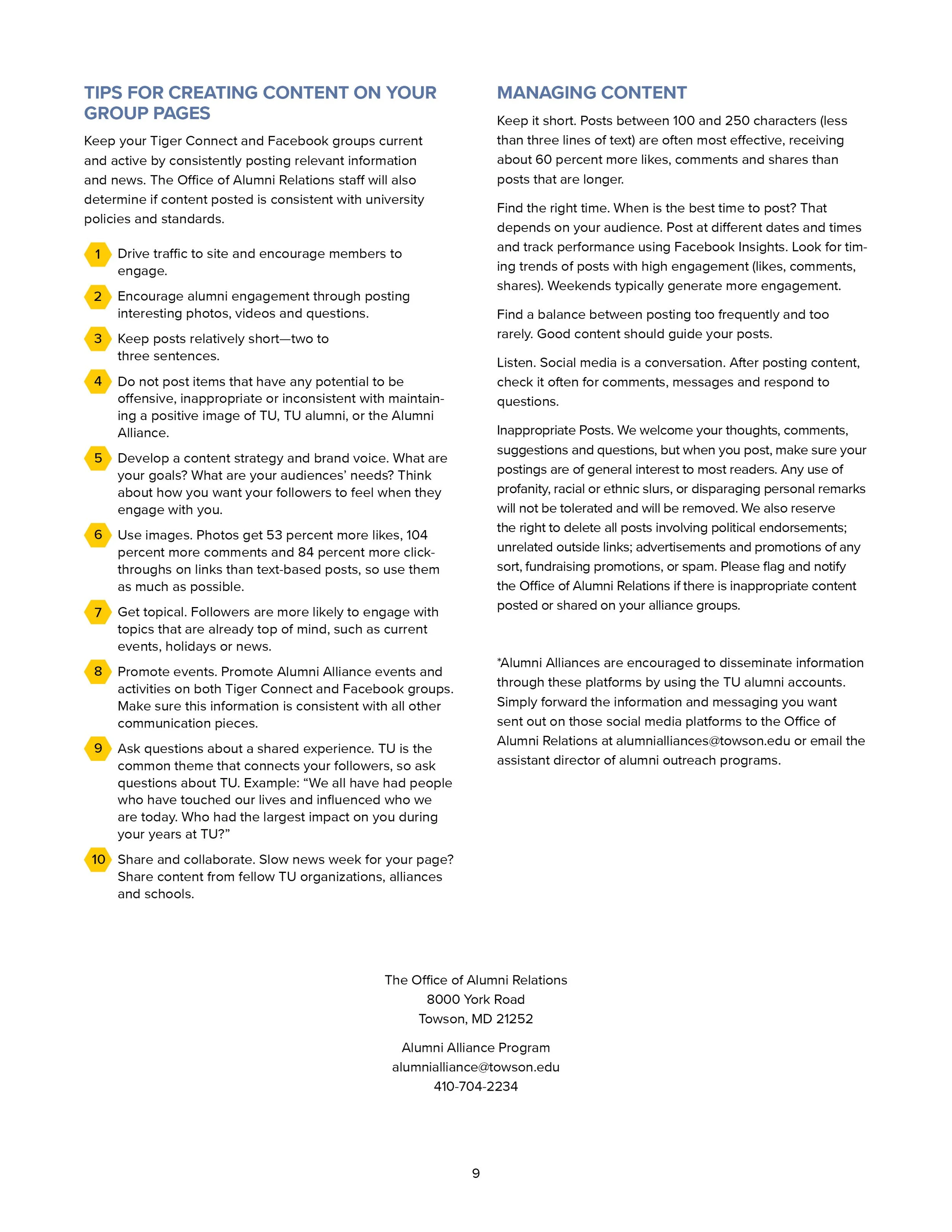 Page with tips for creating and managing content on group pages, including points on posts, engagement, timing, content strategy, using images, topics, promoting events, questions, sharing, and collaboration, from the Office of Alumni Relations.