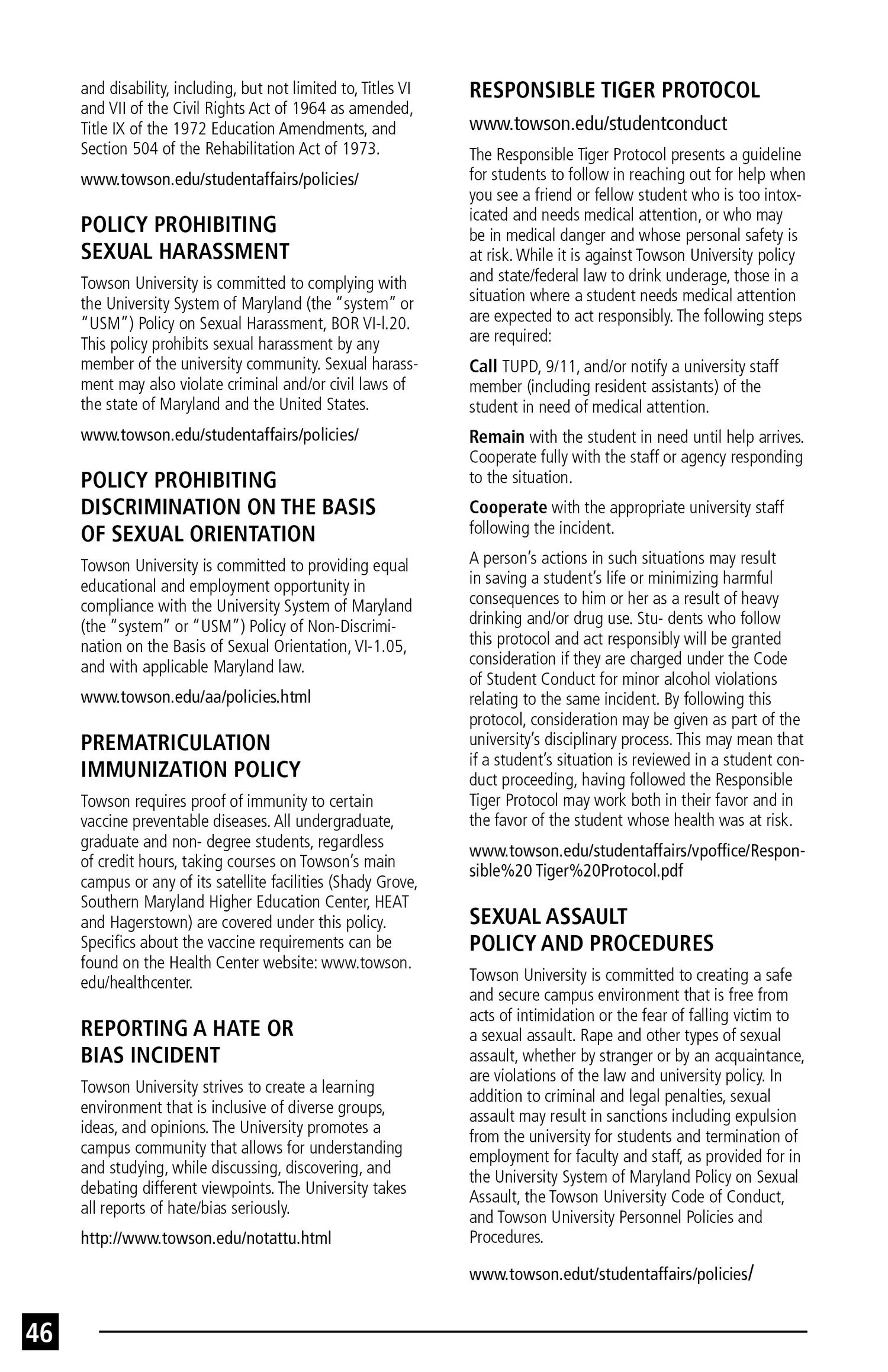 A page from a university policies booklet discussing sexual harassment, discrimination based on sexual orientation, immunization, hate/bias incidents, a responsible tiger protocol, and sexual assault procedures at Towson University.