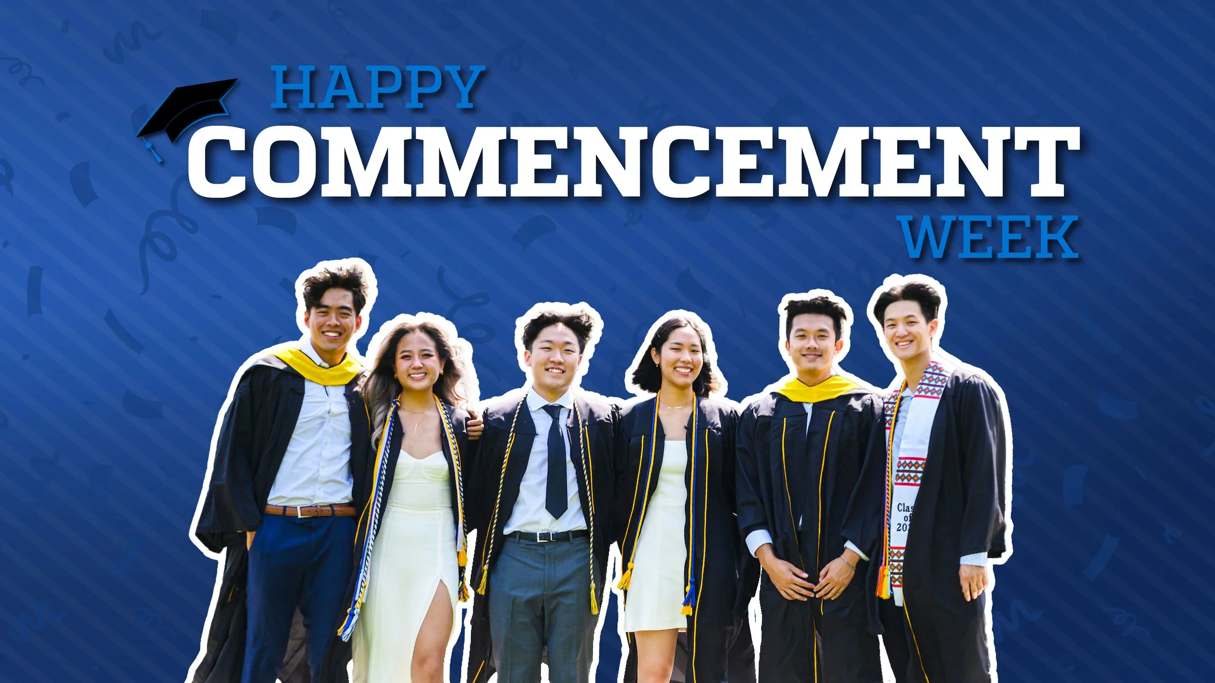 Group of diverse young graduates in caps and gowns celebrating during graduation ceremony with blue background and text 'Happy Commencement Week'.