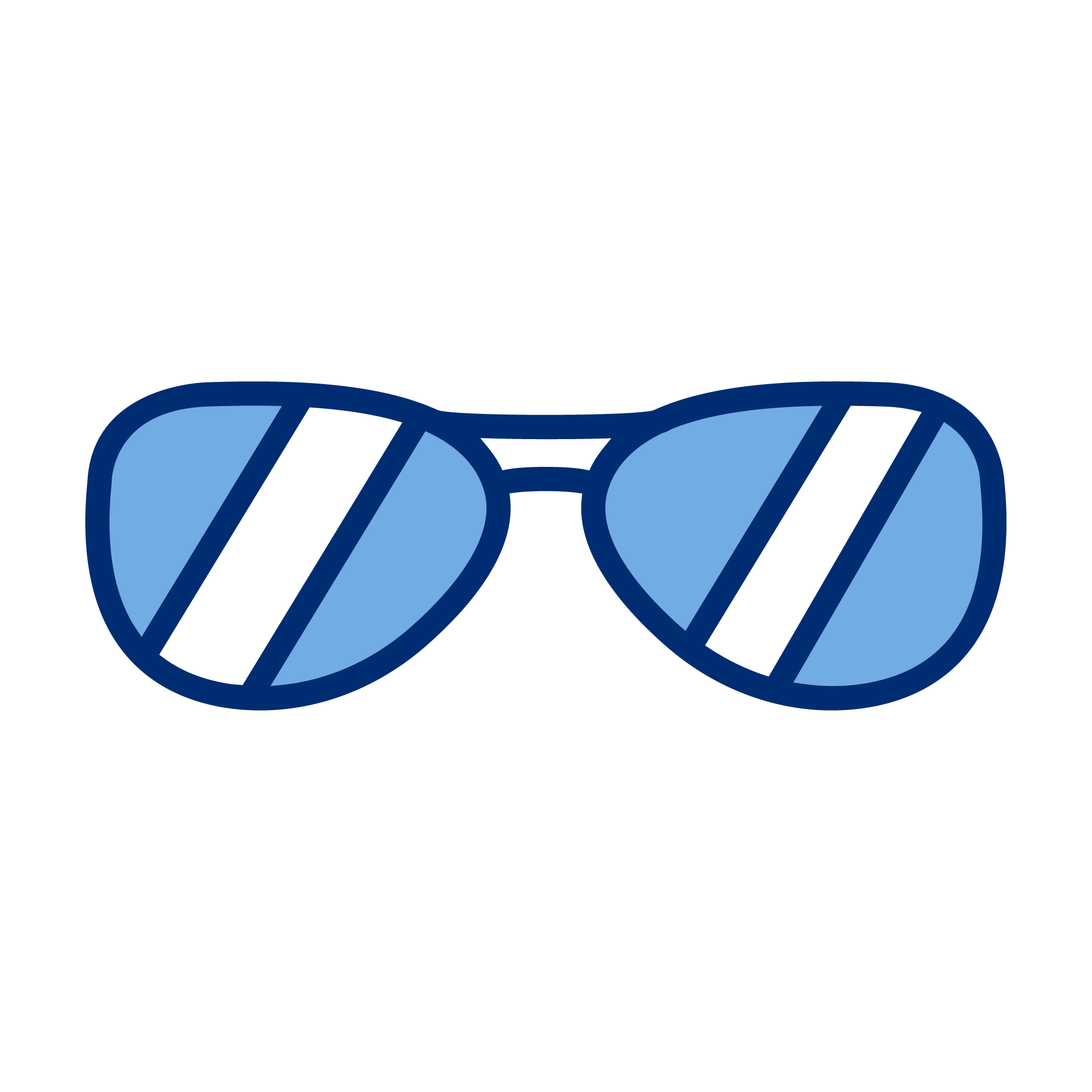Illustration of sunglasses with blue lenses and dark blue frame.