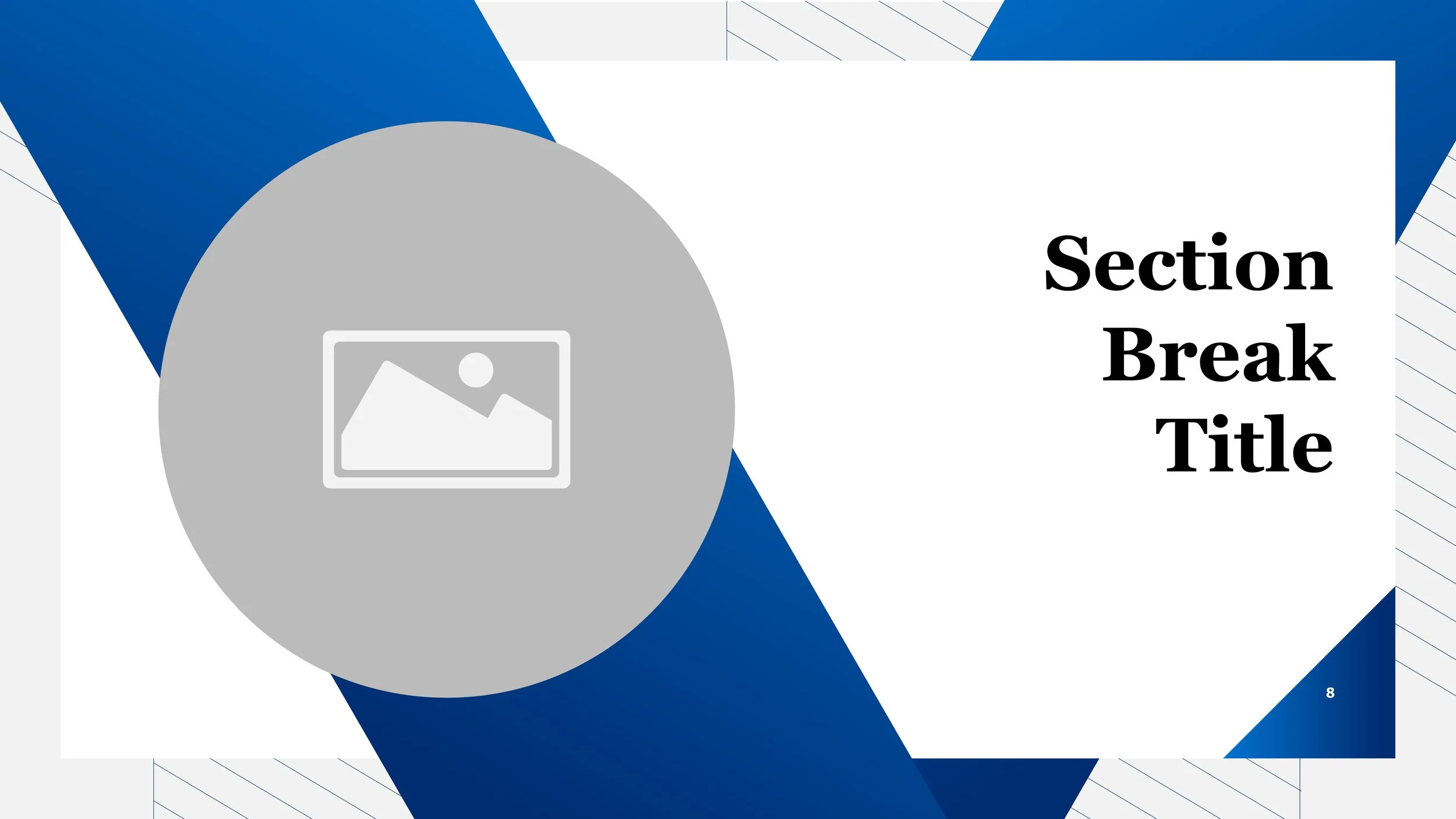Slide with a large gray circle featuring a placeholder image icon, and a white background with diagonal blue lines and geometric shapes. The slide title reads 'Section Break Title' in bold black text.
