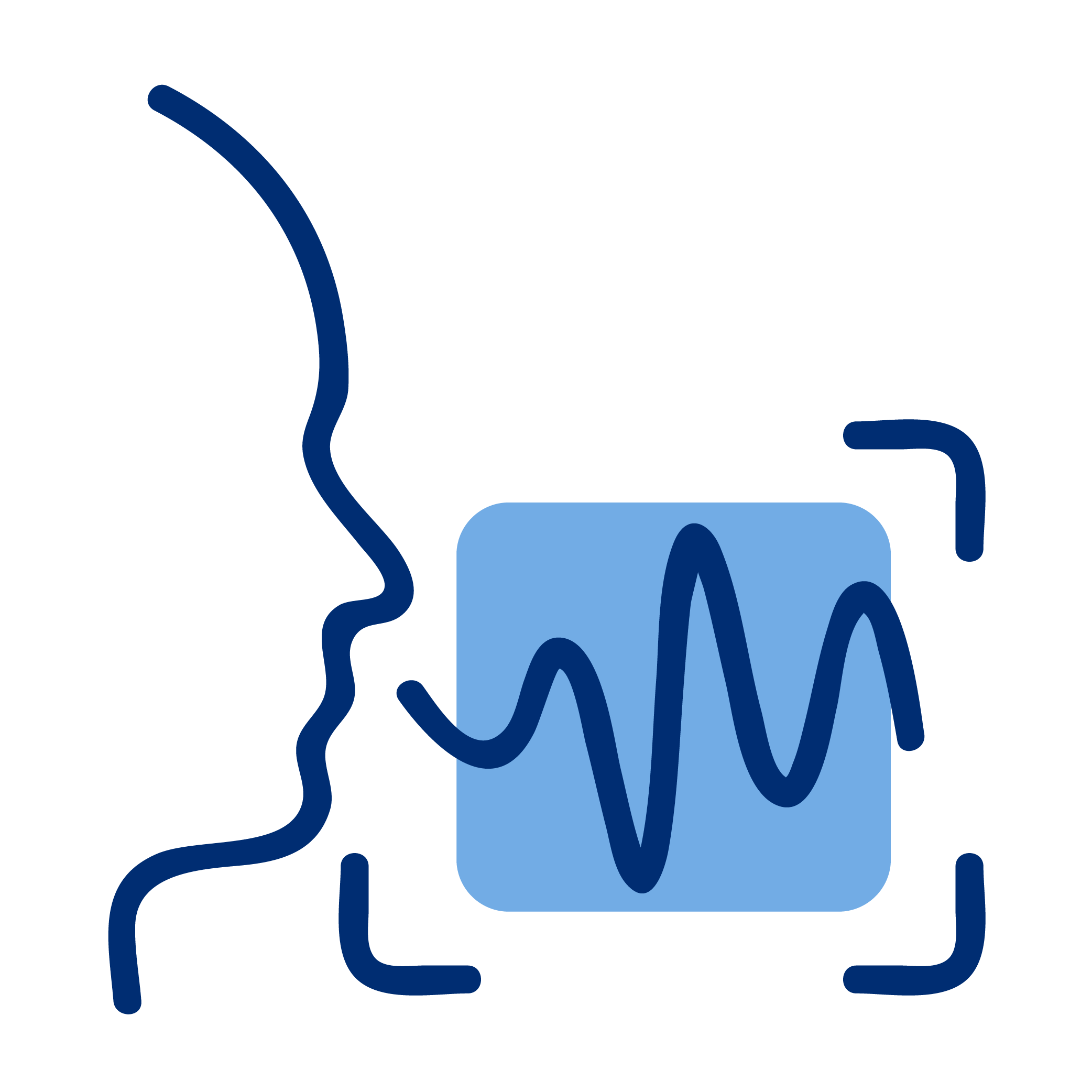 Simple illustration of a person's profile with a waveform inside a square, symbolizing speech or communication analysis.