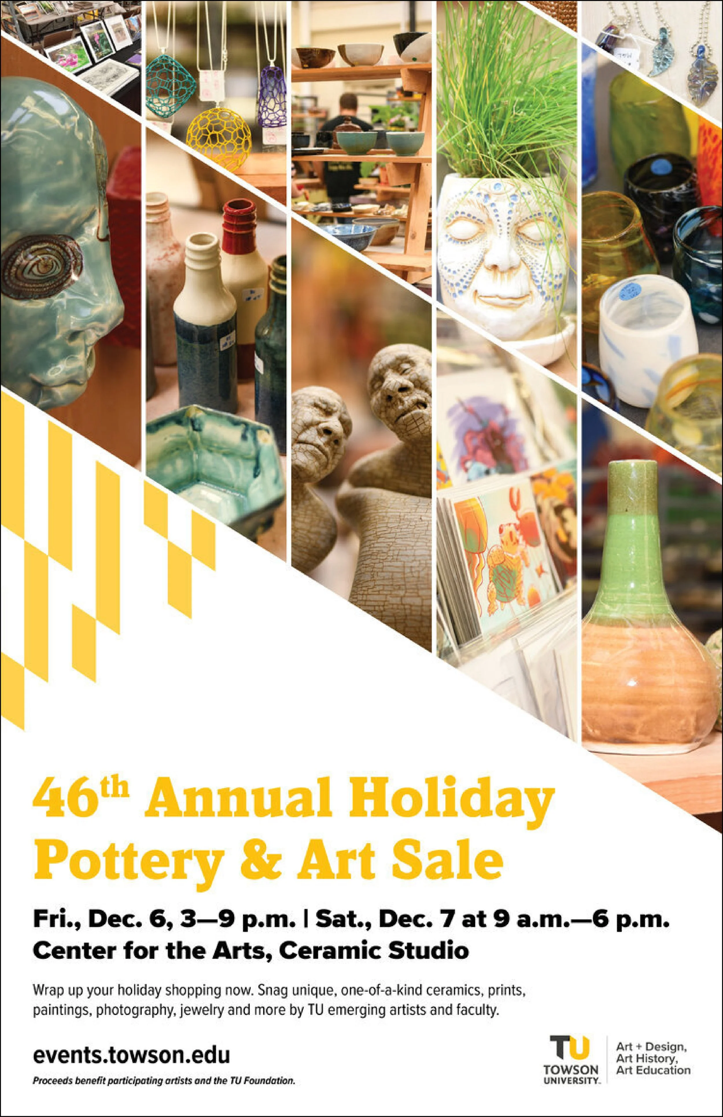 Poster for the 46th Annual Holiday Pottery and Art Sale at Towson University, featuring images of ceramic art, pottery, and art displays, with event details and dates.