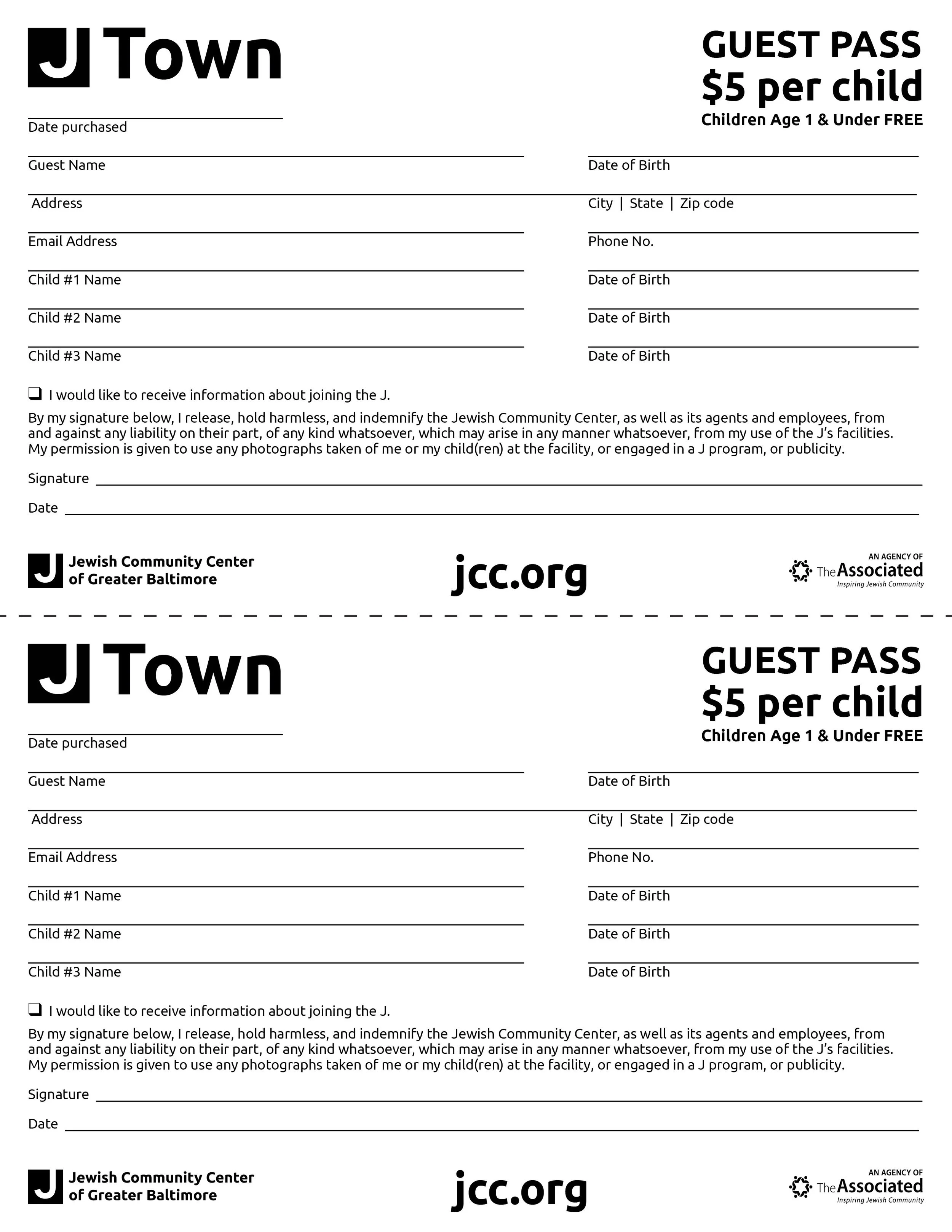 Two identical J Town guest passes, each costing $5 per child with free admission for children age 1 and under. The passes are for the Jewish Community Center of Greater Baltimore, with spaces for buyer information, children's names and birth dates, a