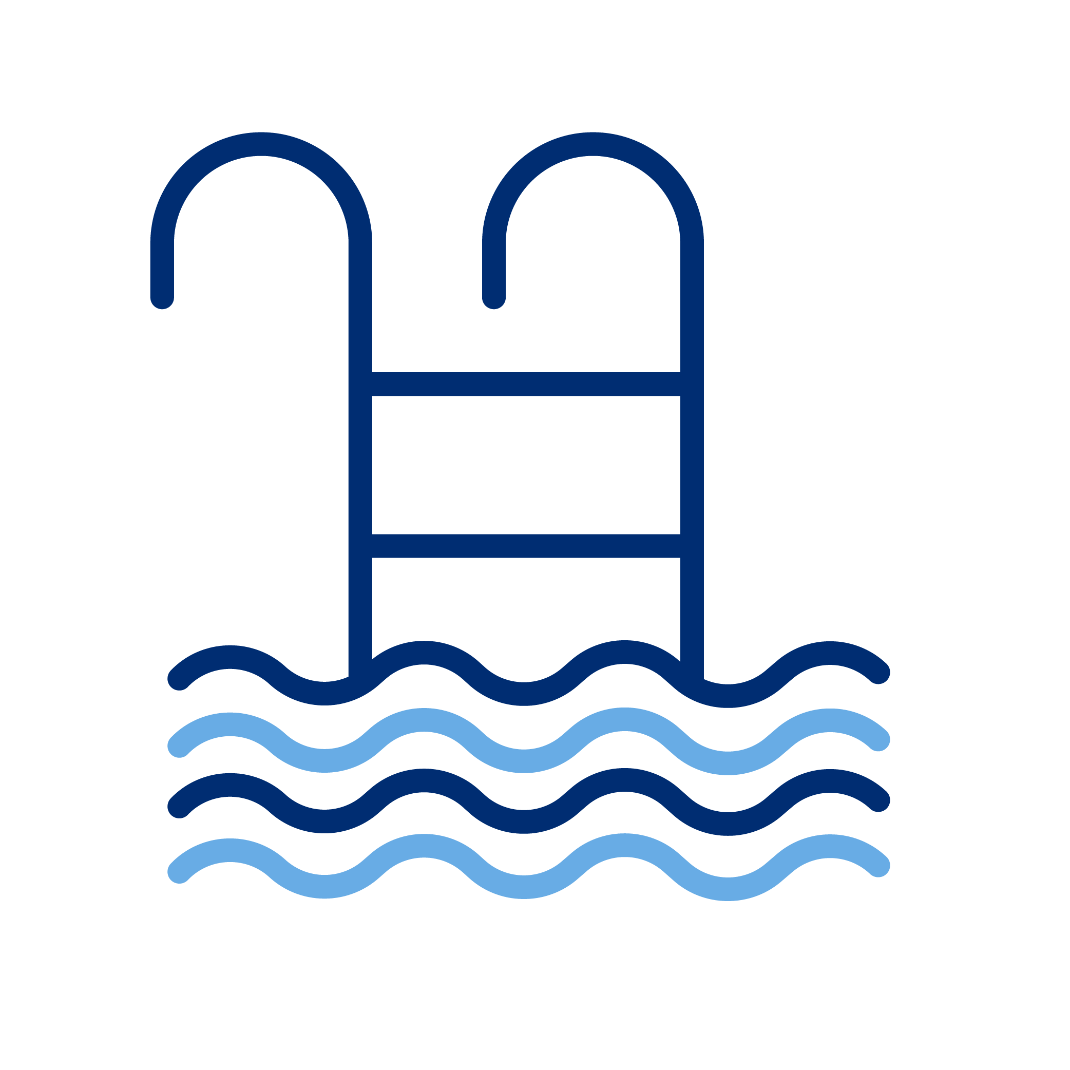 Icon of a swimming pool ladder with water waves below, on a black background.