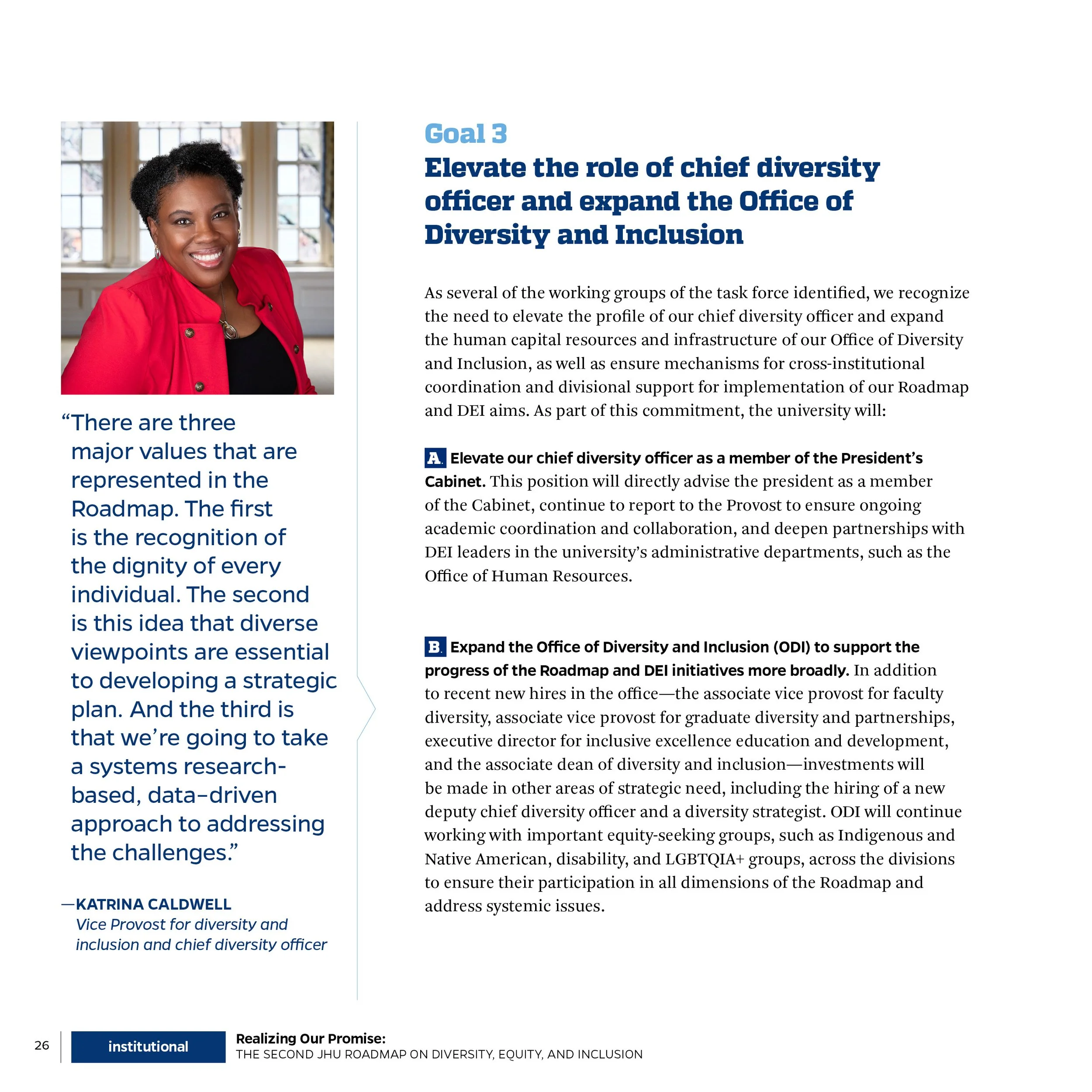 Photograph of a smiling Black woman with short curly hair wearing a red blazer, against a background of windows, next to a document discussing diversity and inclusion initiatives.