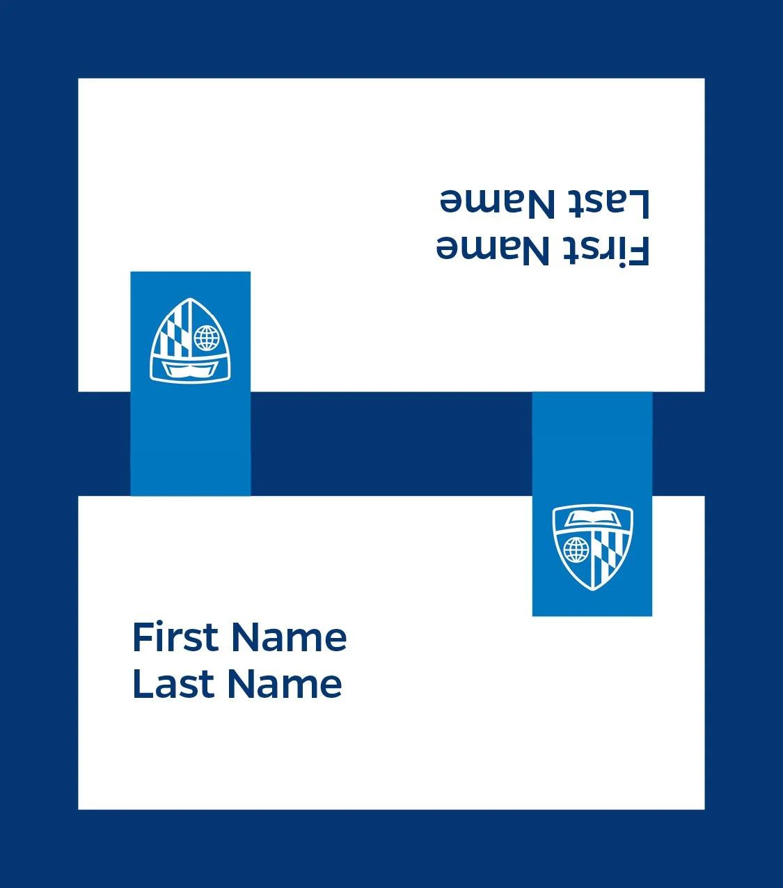 Blank name badge template with blue and white color scheme, featuring a logo with a shield, a globe, and geometric patterns, and placeholders for first and last name.