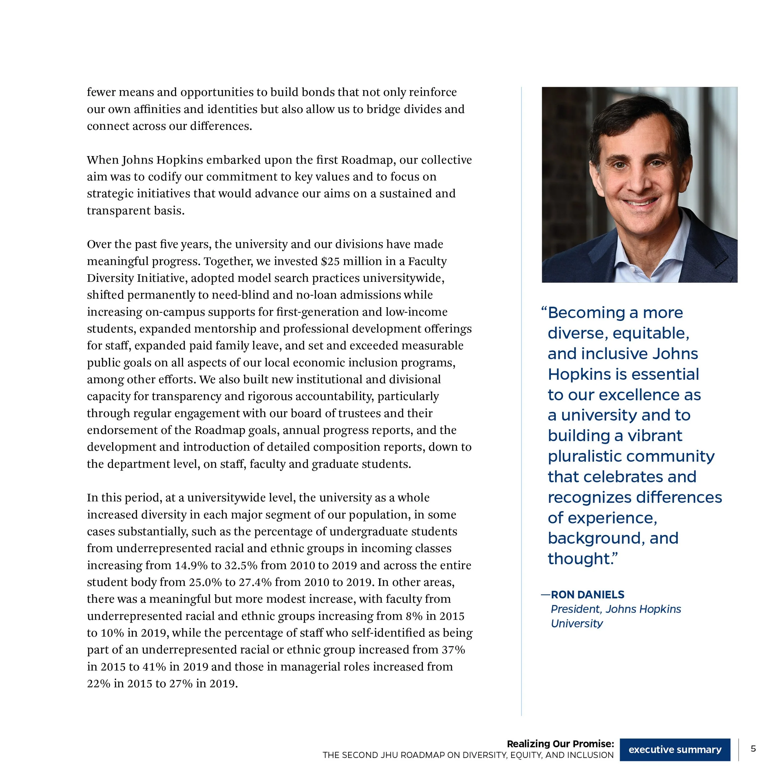 A printed page with a portrait photo of a man in a suit and a quote in blue text. The page contains a detailed text about diversity initiatives, progress, and leadership at Johns Hopkins University, with a section labeled 'executive summary' at the b