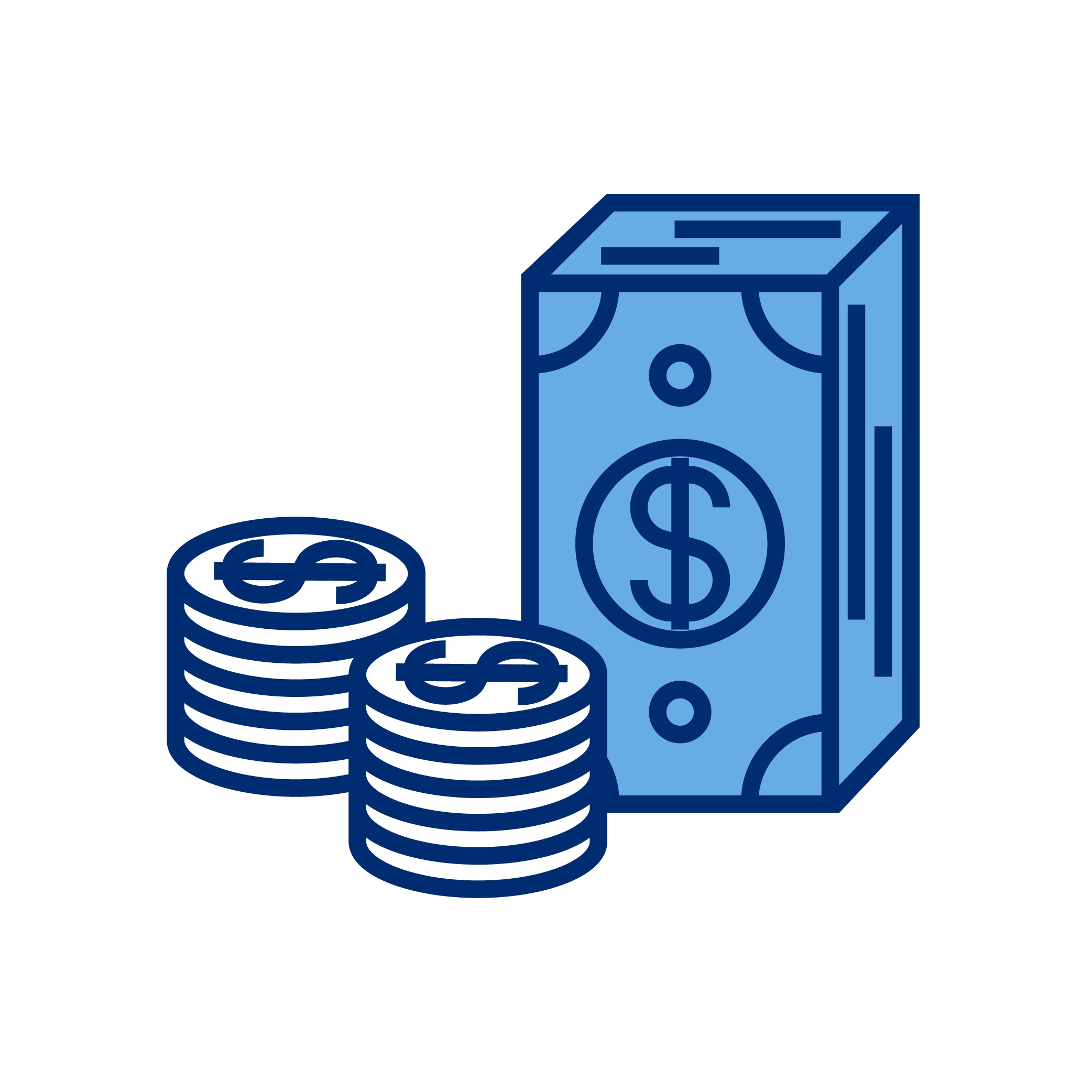 Illustration of stacked coins and a paper currency note with dollar signs.