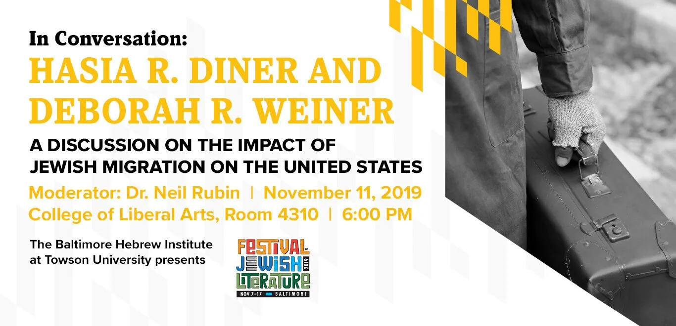 Event poster for a discussion on Jewish migration, featuring a person with a suitcase on the right side, with text about the event details in black and yellow fonts.