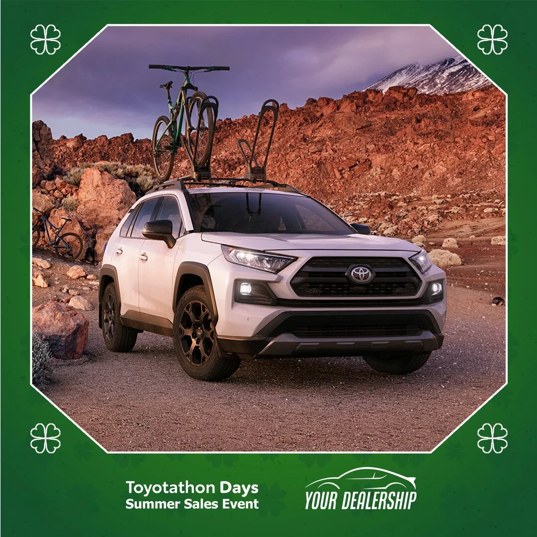 A white Toyota RAV4 with a bicycle on the roof rack, parked in a rocky desert landscape with mountains in the background.