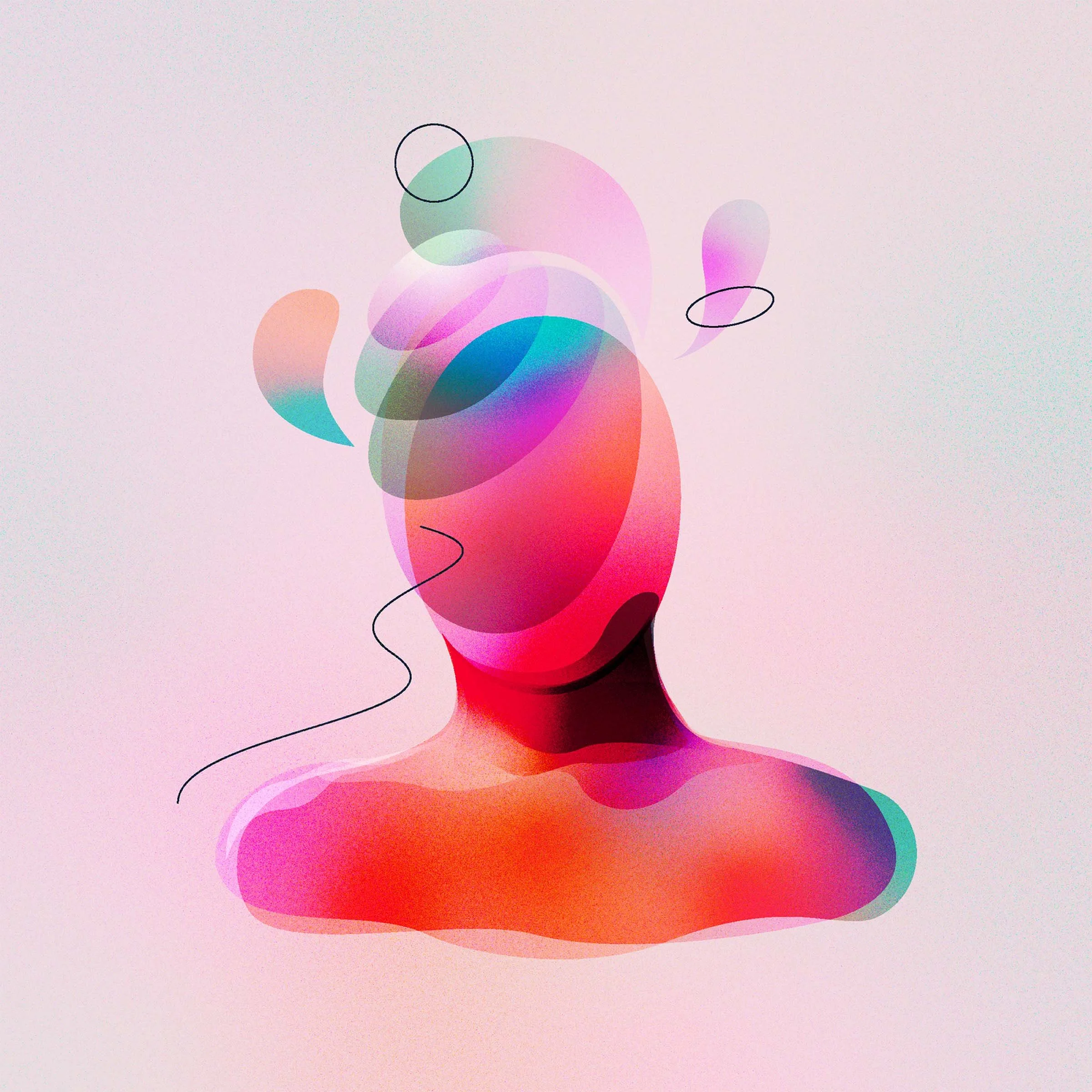 Abstract digital artwork of a faceless human bust with colorful, overlapping translucent shapes and curved lines against a light pink background.