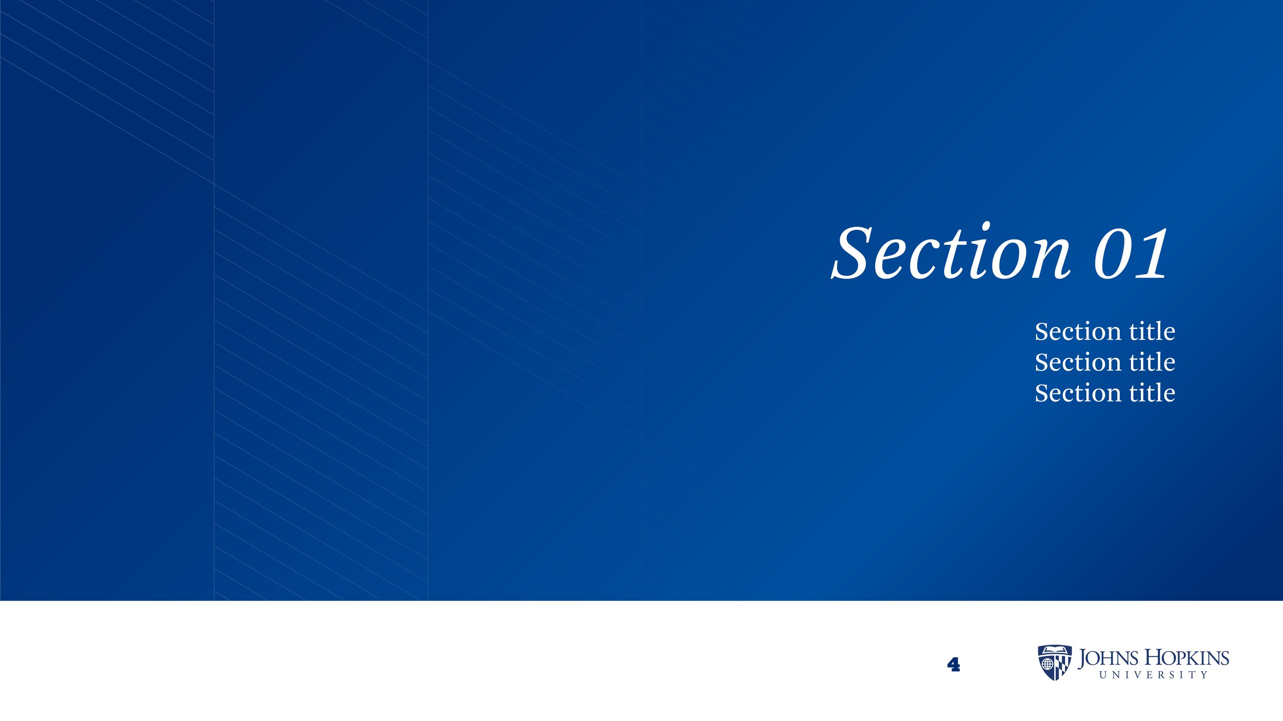 Slide from a presentation, titled "Section 01," with three bullet points labeled "Section title." The slide has a blue background with a geometric pattern, and at the bottom right, there is the Johns Hopkins University logo.