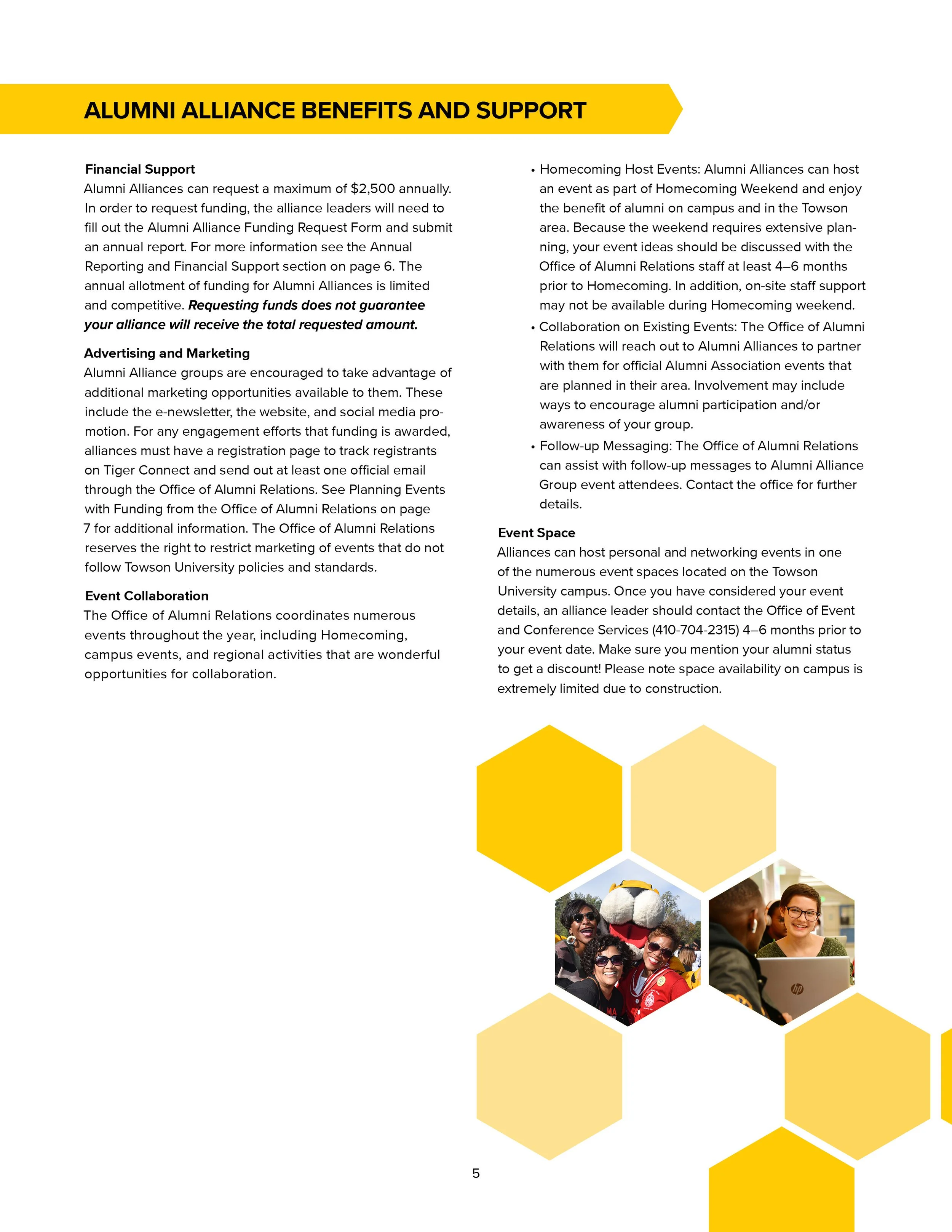 Document titled 'Alumni Alliance Benefits and Support' with sections on financial support, advertising, event collaboration, homecoming, event space, and follow-up messaging. Featuring a cluster of hexagon shapes, some filled with yellow shades, and 