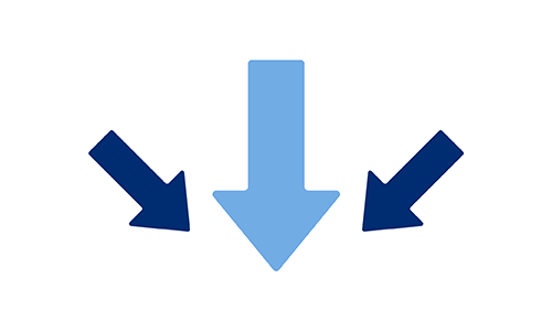 Three downward arrows, with the middle arrow larger and light blue, and two smaller dark blue arrows on either side.