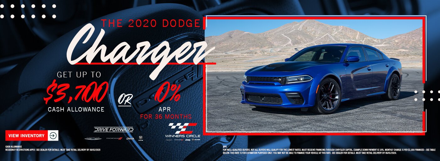 Advertisement for the 2020 Dodge Charger featuring a blue car in a desert landscape on the right side, with promotional text on the left side about cash allowance or APR offer, and a red button labeled "View Inventory" at the bottom left.