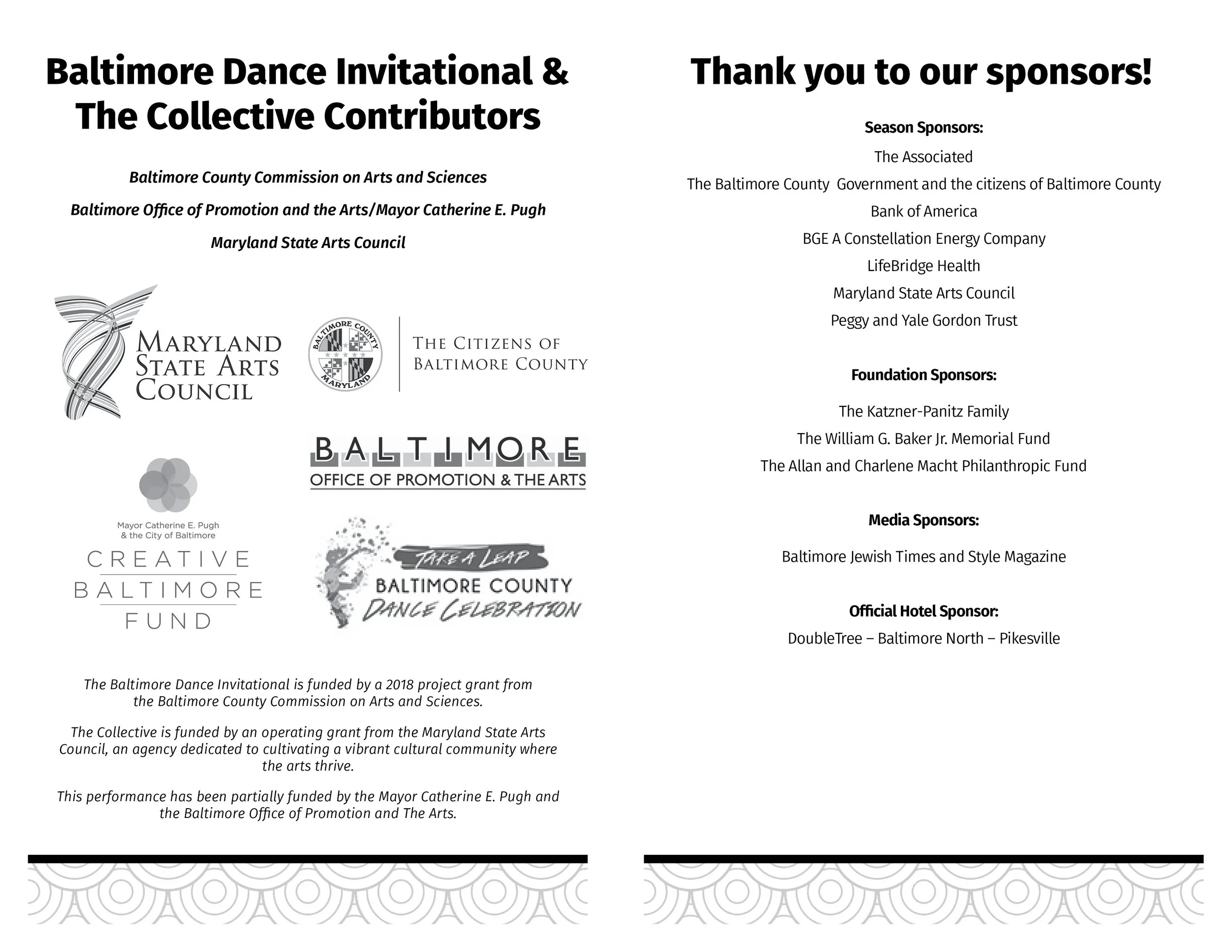 Event poster for the Baltimore Dance Invitational, sponsored by Baltimore County Arts Council, City of Baltimore, and Maryland State Arts Council. Includes logos of sponsors and supporters, and a list of supporting organizations.