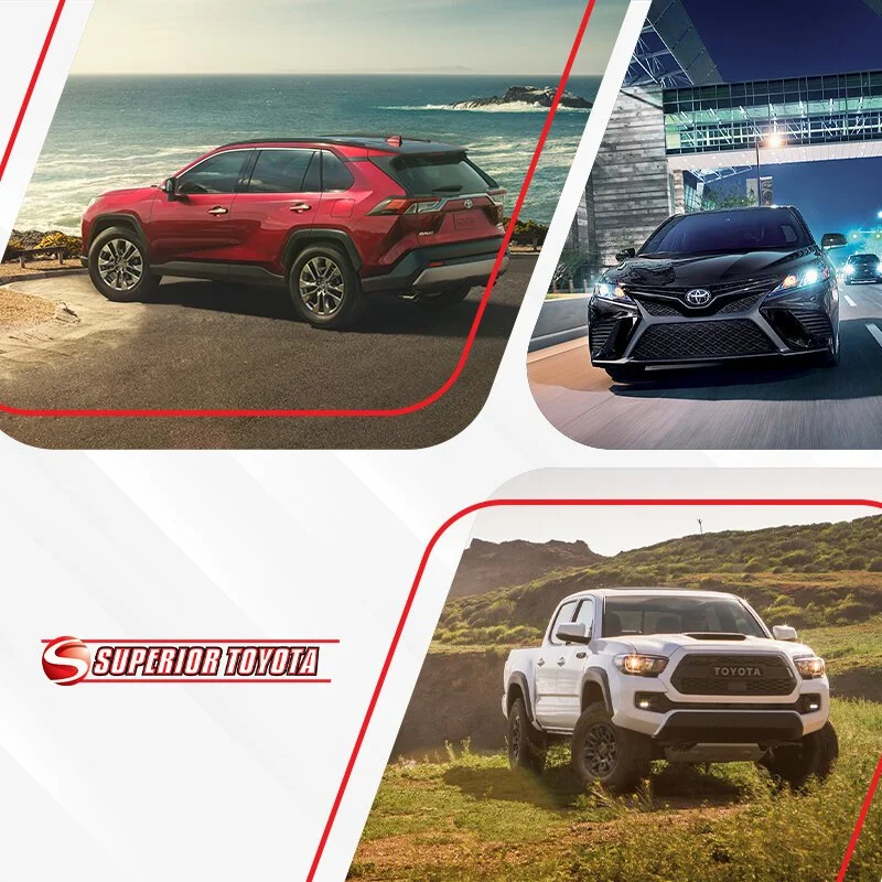 Three cars: a red SUV by the ocean, a black sedan in an urban setting at night, and a white pickup truck on a grassy hillside.