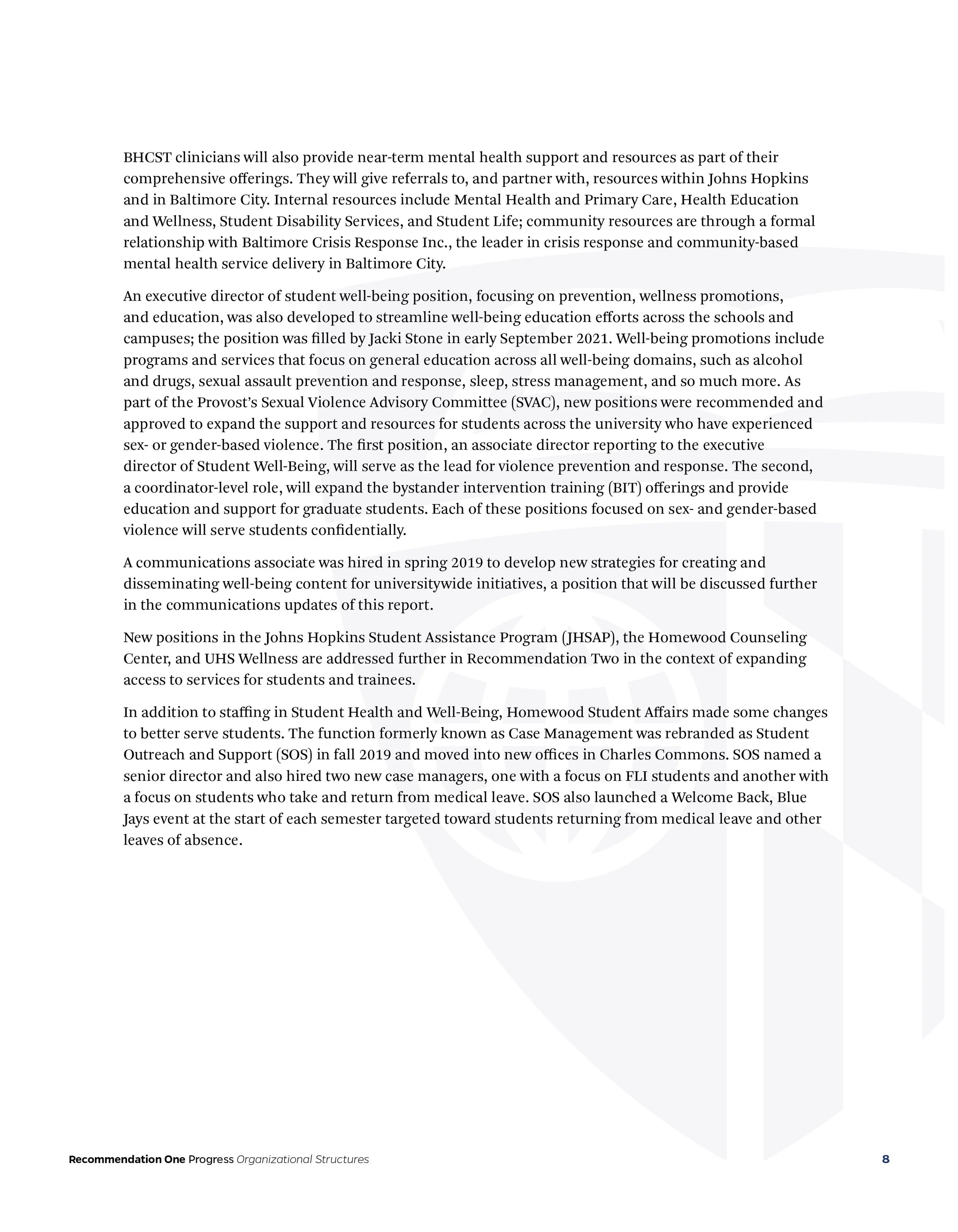 Page from a report with text about mental health services, student support roles, and program updates at Johns Hopkins University.