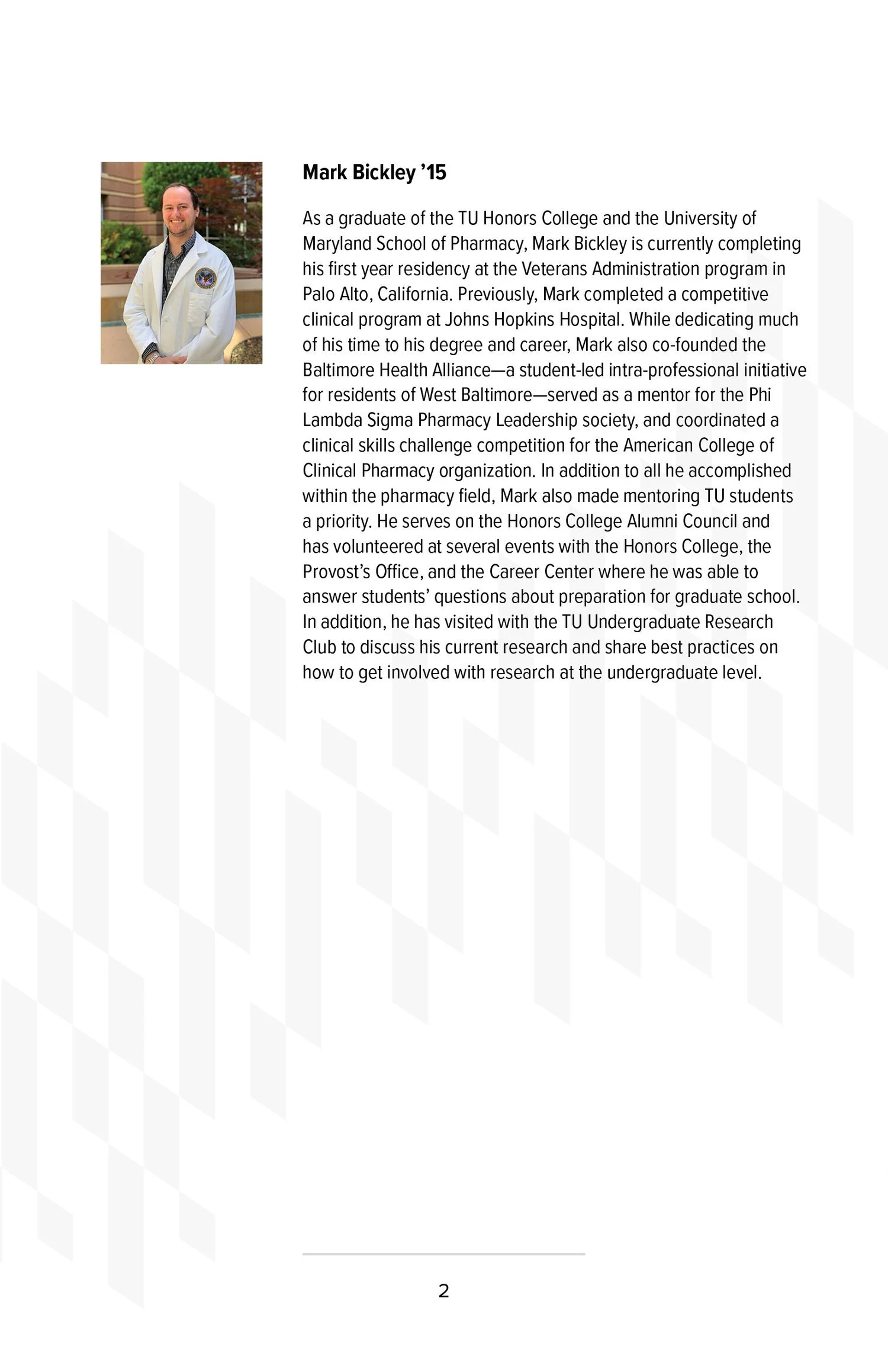 Profile picture of Mark Bickley in a white coat with a shield emblem, standing outdoors with greenery and a brick building in the background.