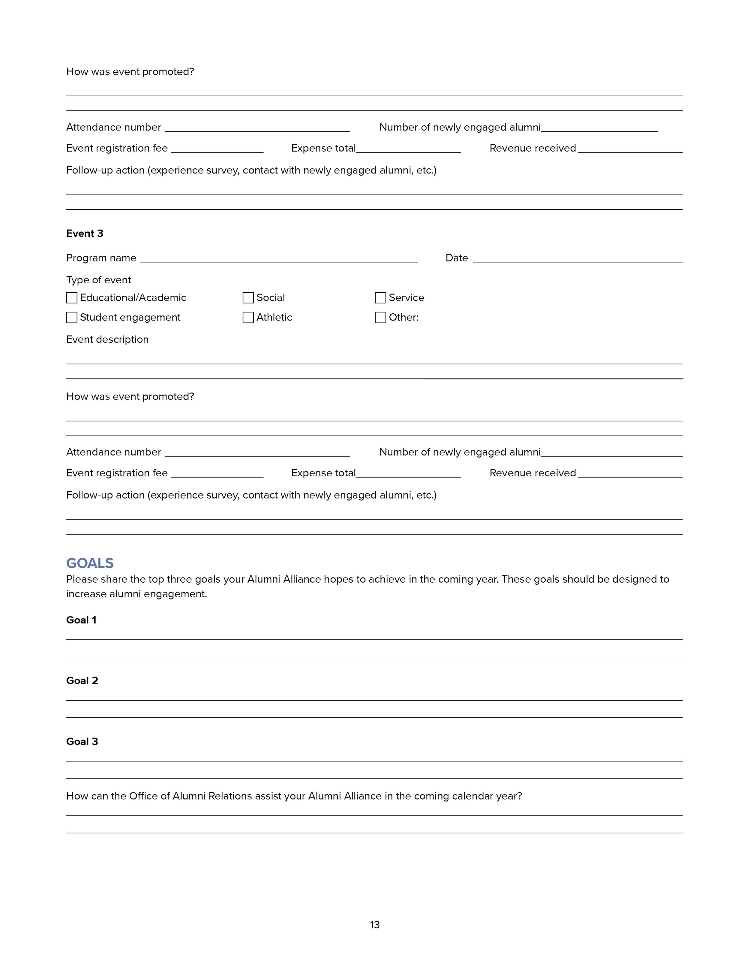 A blank, multi-section form template for alumni event planning and goal setting, with fields for event details, promotion, attendance, revenue, goals, and follow-up actions.