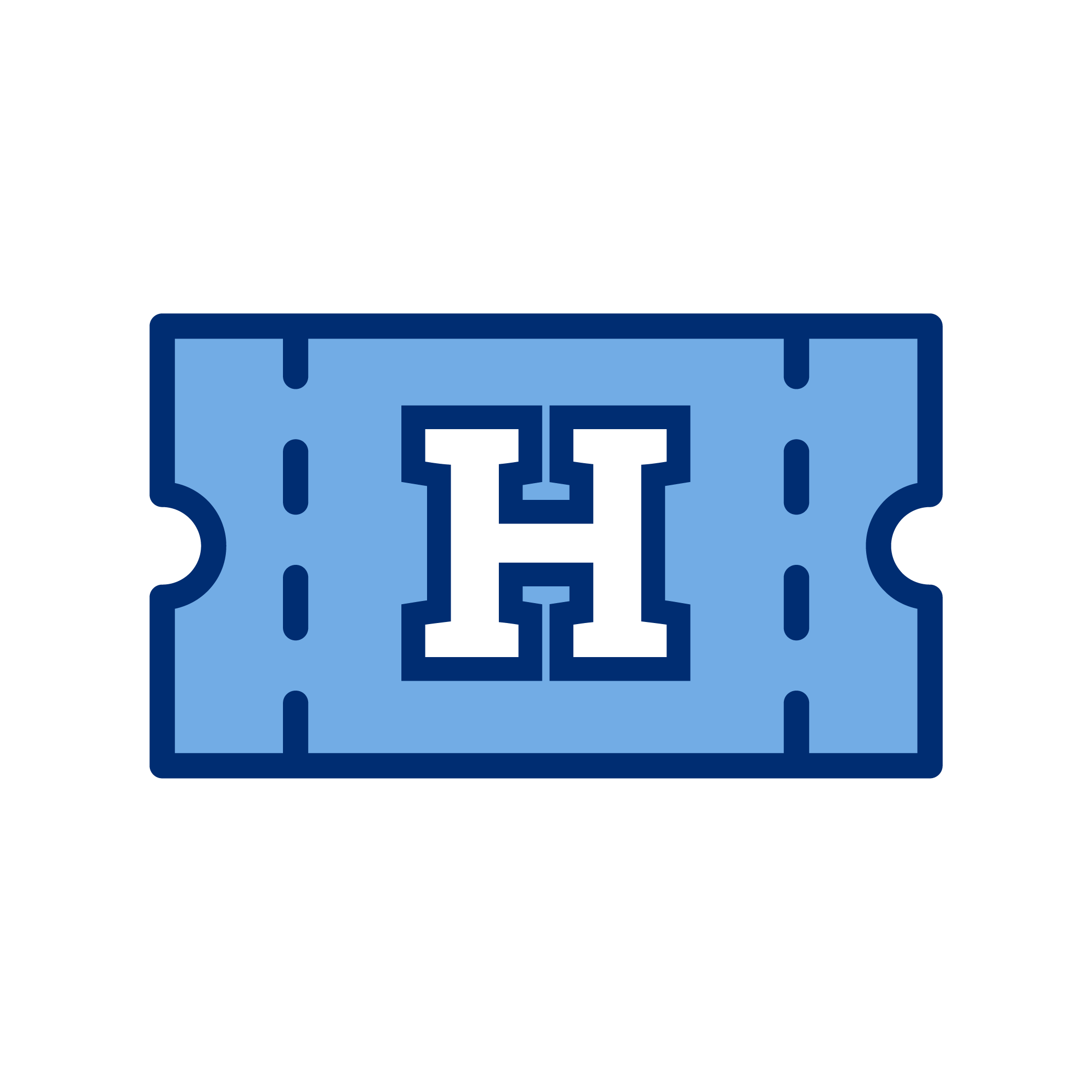 Light blue sports ticket with a dark blue letter 'H' in the center, outlined in dark blue, on a black background.