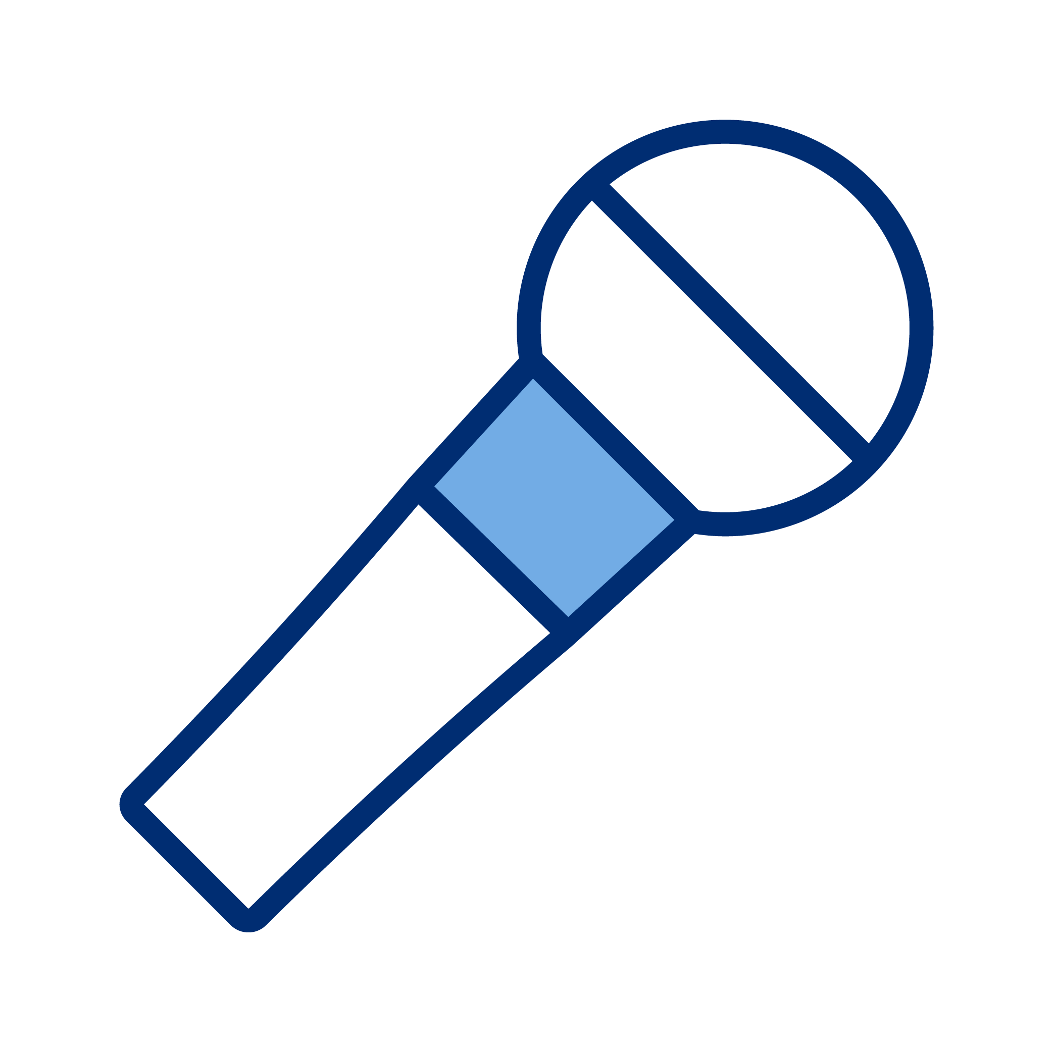 Icon of a DJ microphone with a dark blue outline, a light blue speaker grille, and a diagonal line crossing out the grill indicating 'no microphone'.