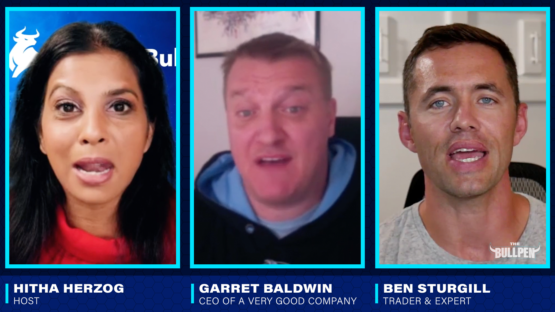 Split screen video call with three people. Woman on the left with black hair, red top, speaking, labeled Hitha Herzog, host. Middle man with short hair and blue hoodie, labeled Garret Baldwin, CEO of a very good company. Man on the right with short h
