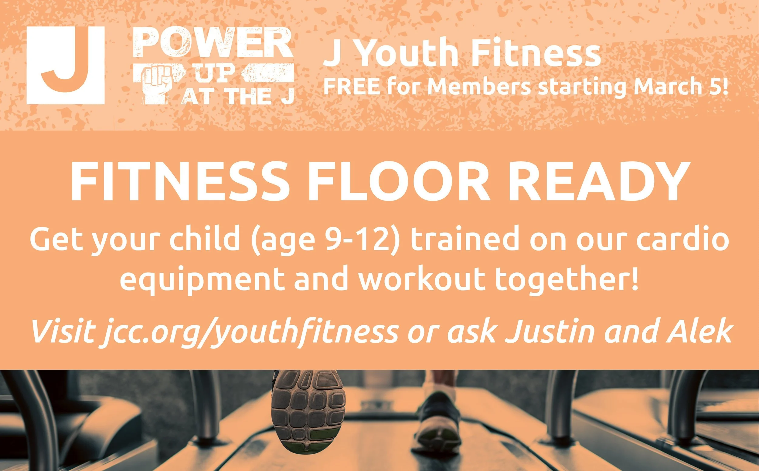 Advertisement promoting youth fitness classes for children aged 9 to 12, starting March 5, with a background photo of a child running on a treadmill.