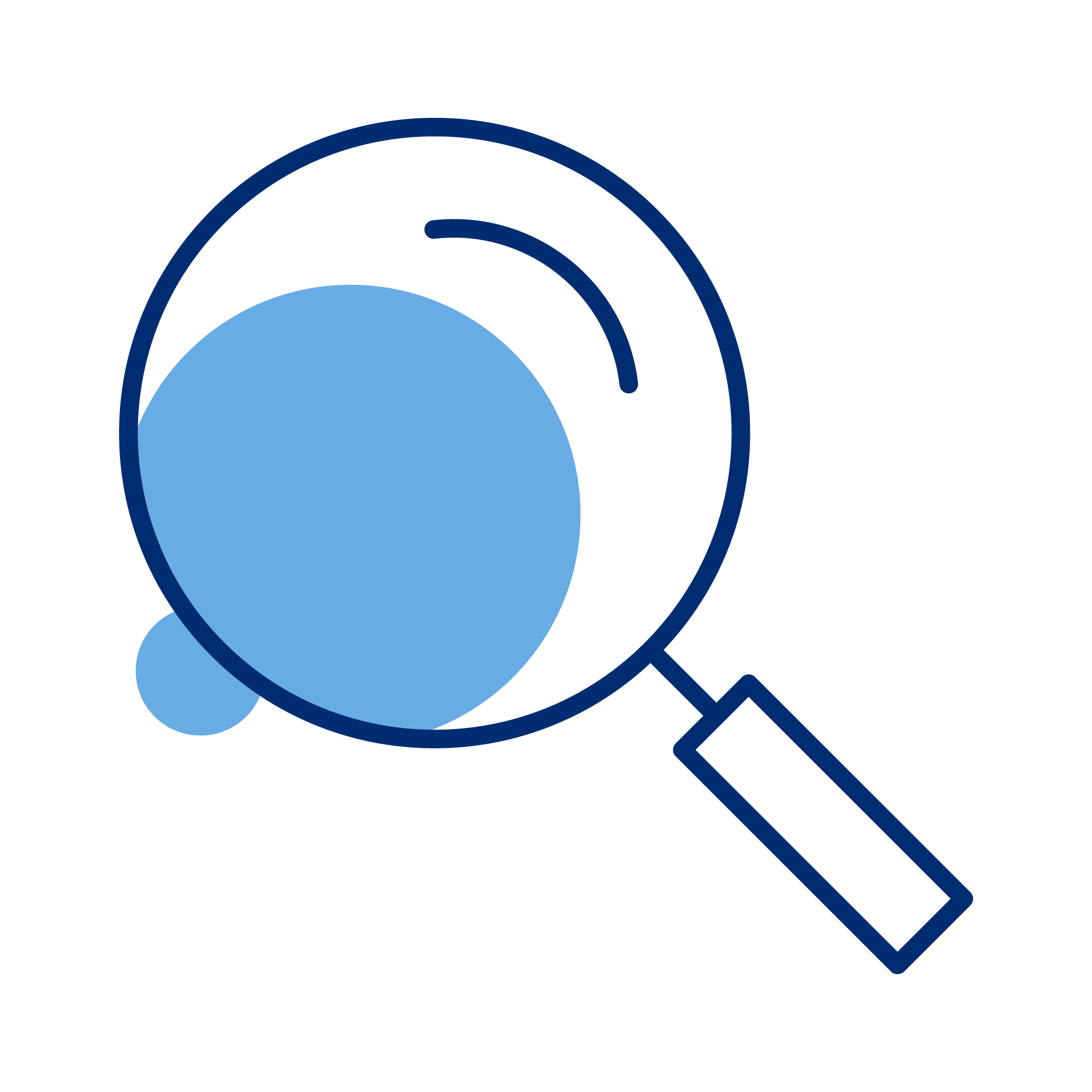 Illustration of a magnifying glass focusing on a blue atom or molecule symbol.