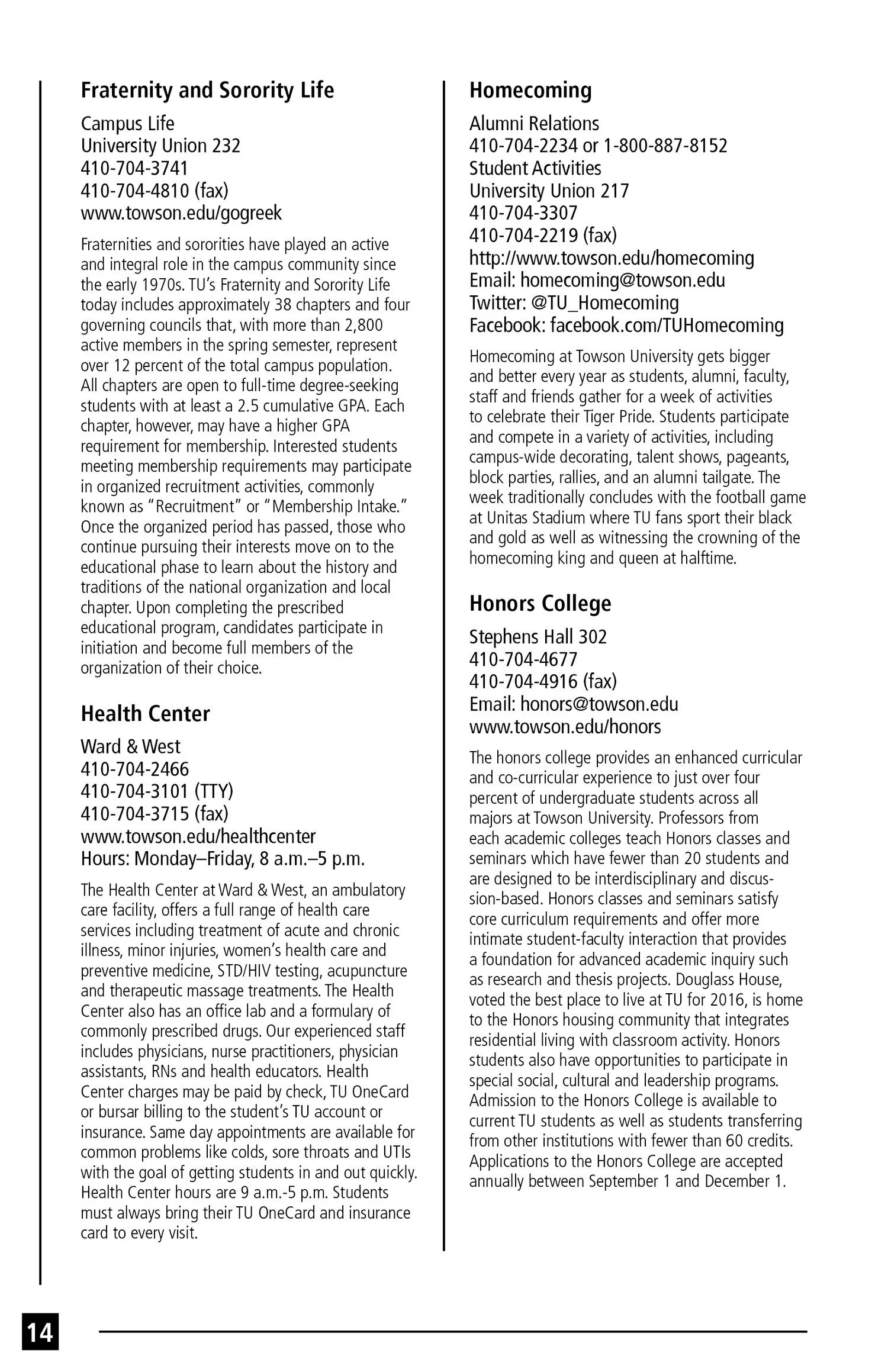 Page from a university brochure listing campus life, health center, homecoming, and honors college information with contact details and descriptions.