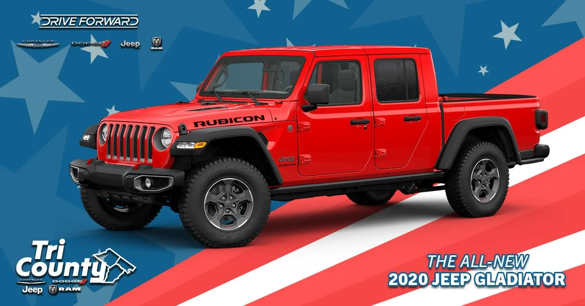 Red 2020 Jeep Gladiator pickup truck on a patriotic background with stars and stripes, featuring dealership logos and promotional text.