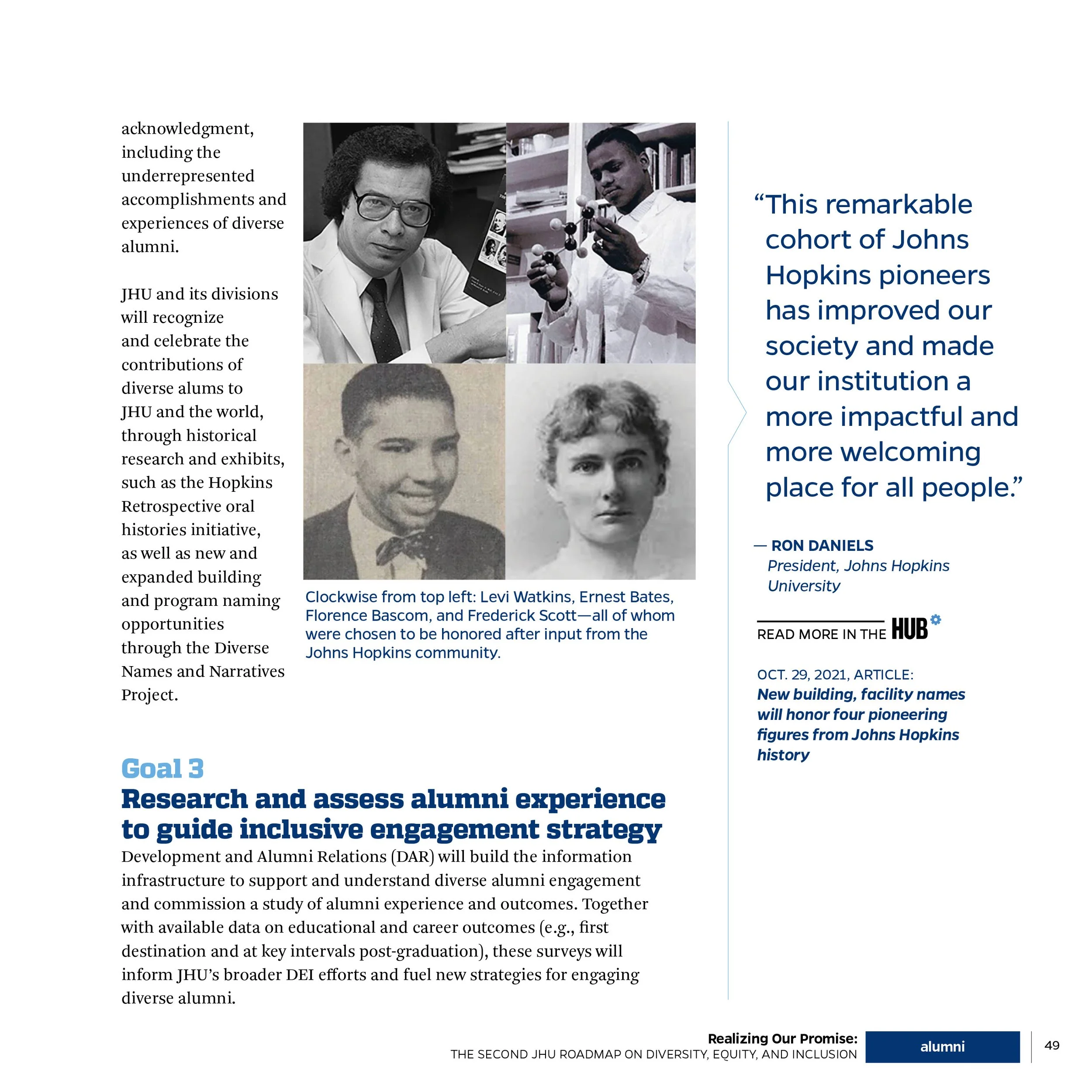 Page from a report featuring four black-and-white photographs of alumni and a quote praising their contributions. The images are of Levi Watkins, Ernest Bates, Florence Bascom, and Frederick Scott. The page discusses research on alumni experience and
