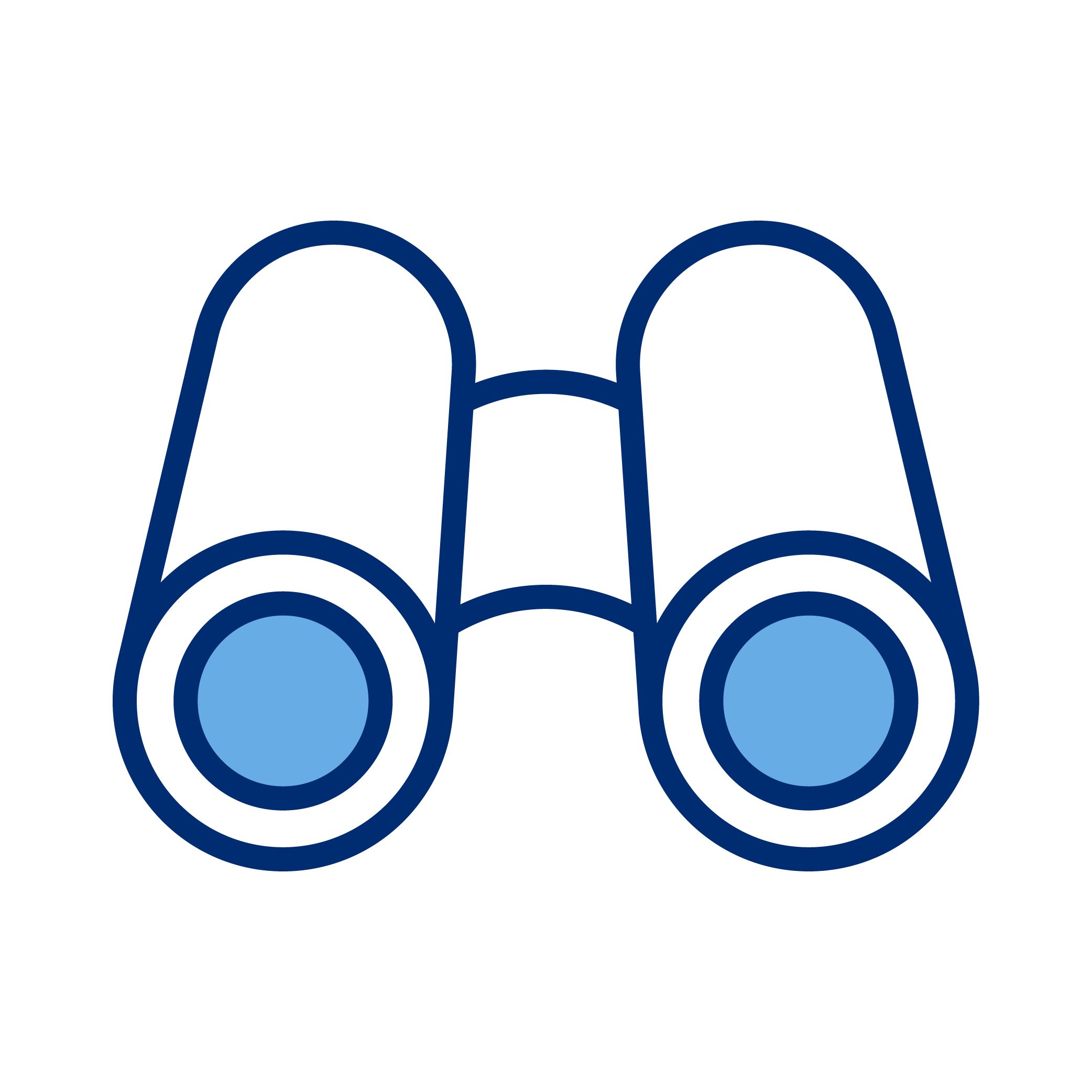 Outline image of binoculars with blue features on a black background.