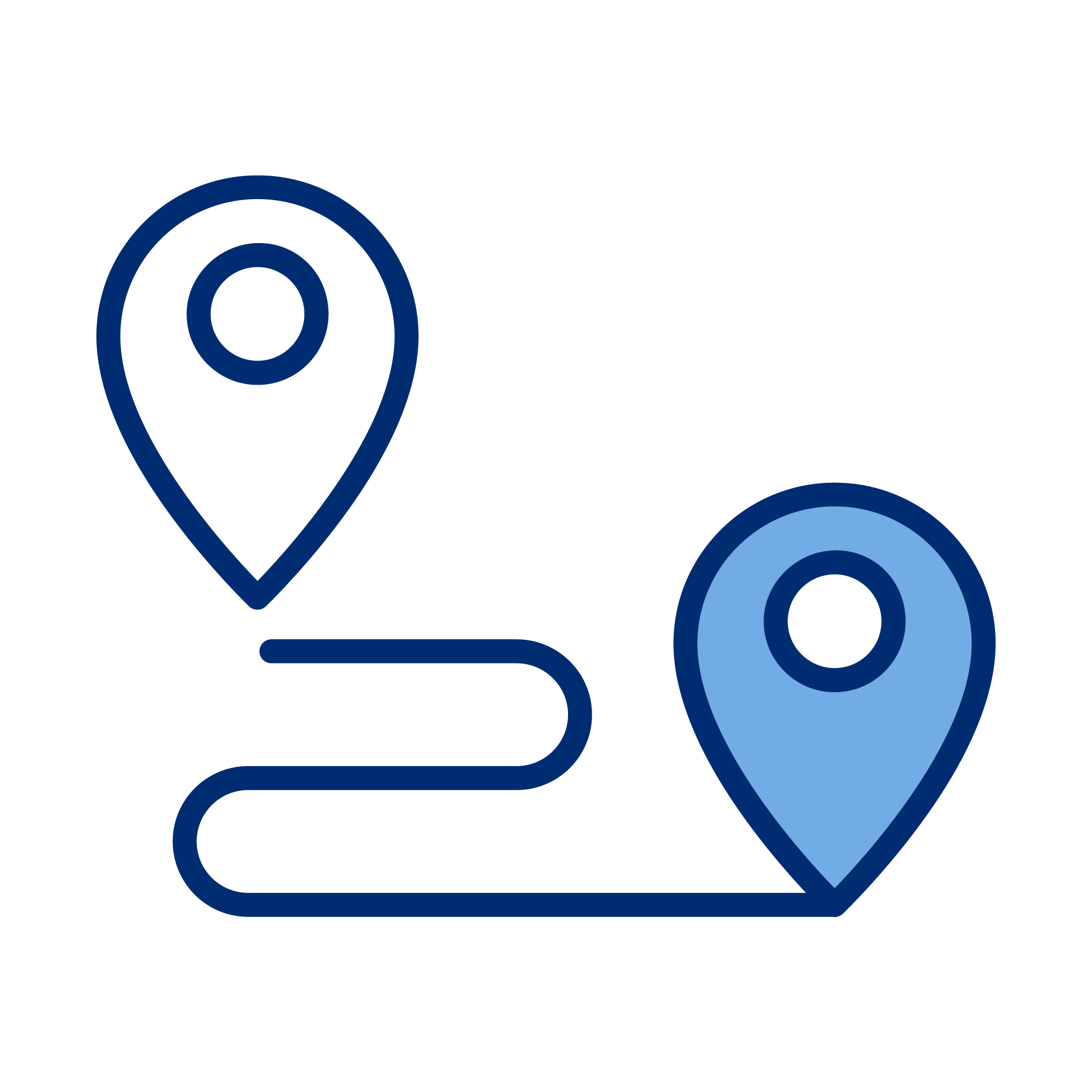 Line drawing of a map with two location pins connected by a path.