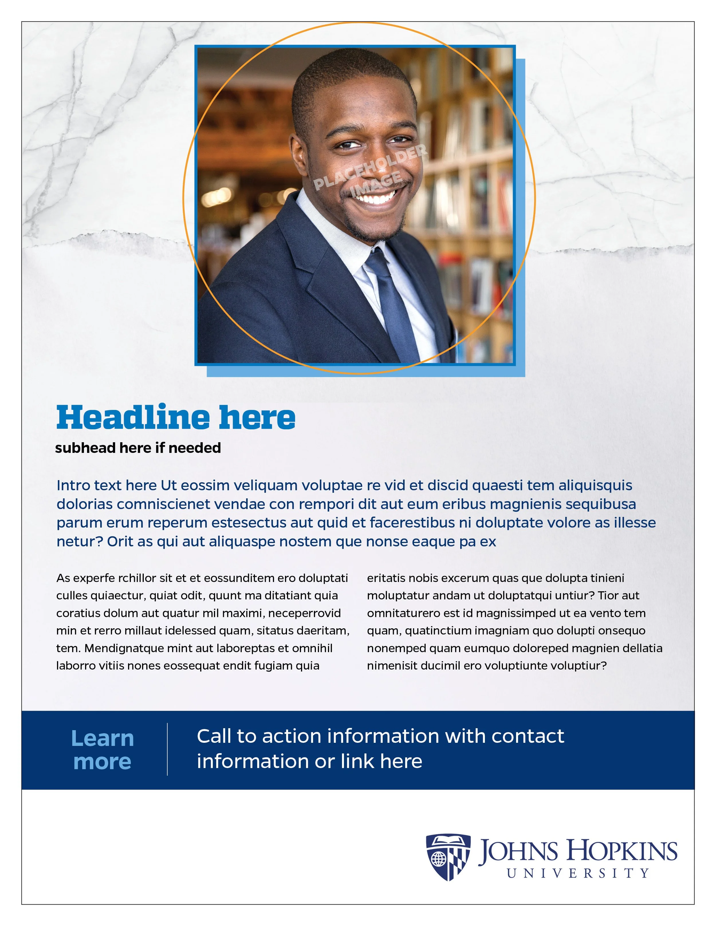 A promotional flyer featuring a smiling African American man in a suit, with a library in the background. The flyer includes a blue header for a headline, placeholder text, and a call-to-action section at the bottom with contact information and the J