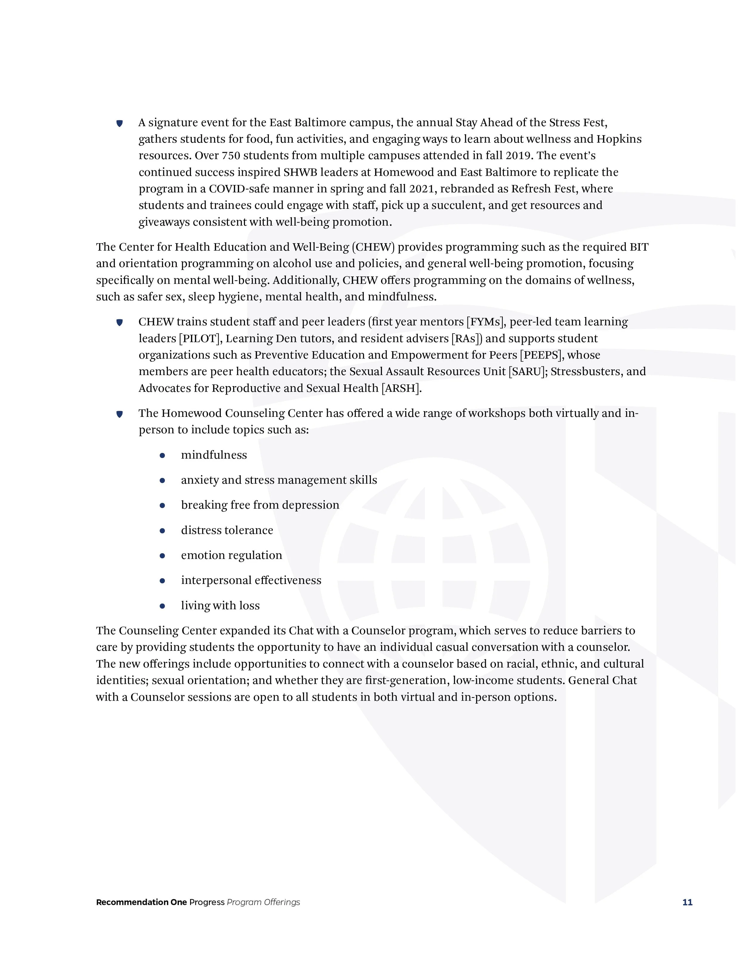 A page of text with information about events, programs, and workshops related to student health, wellness, and counseling at East Baltimore campus.