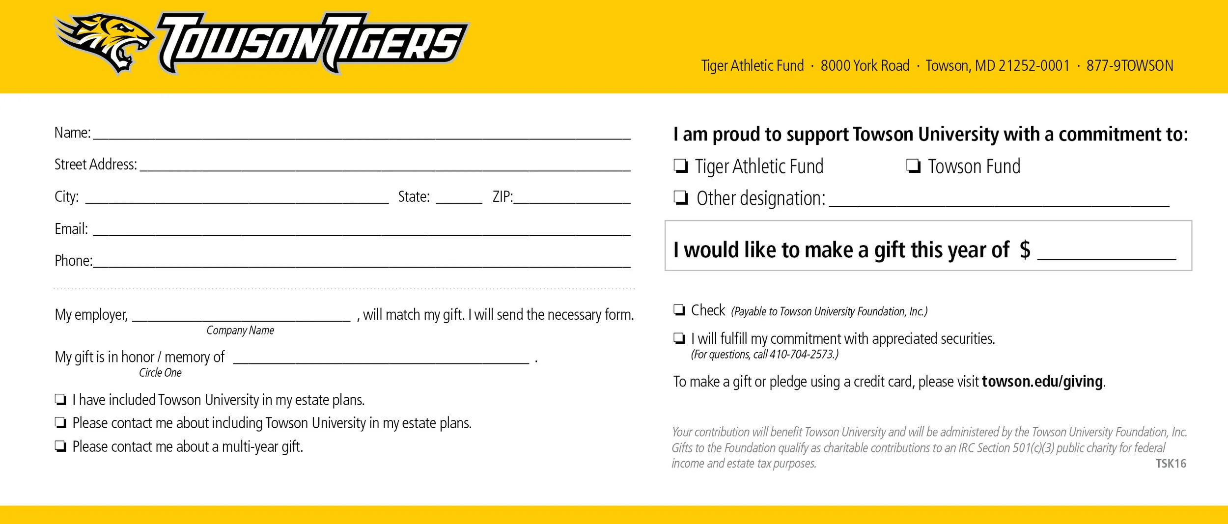Donation form for Towson University with a yellow header displaying Towson Tigers logo and name. The form includes sections for personal info, donation options, and checkboxes for supporting funds or indicating other designations.