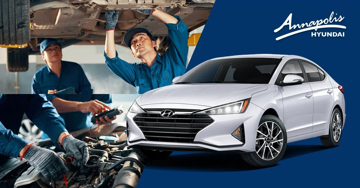 Collage of a white Hyundai car and mechanics working on a vehicle. The Hyundai logo and 'Annapolis Hyundai' text appear in the top right corner.