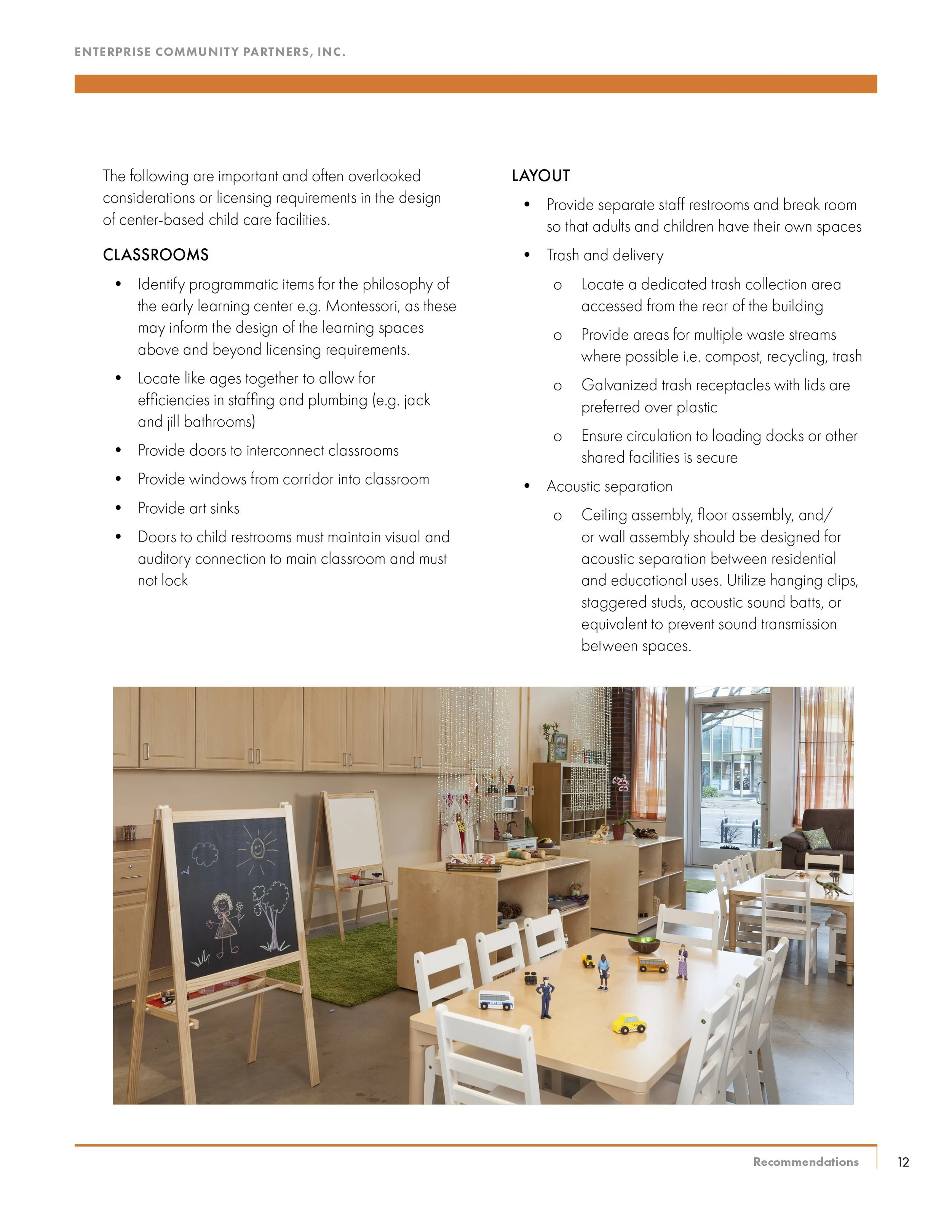 Image of a preschool classroom with white chairs and tables, chalkboards with drawings, art supplies, and natural light from large windows.