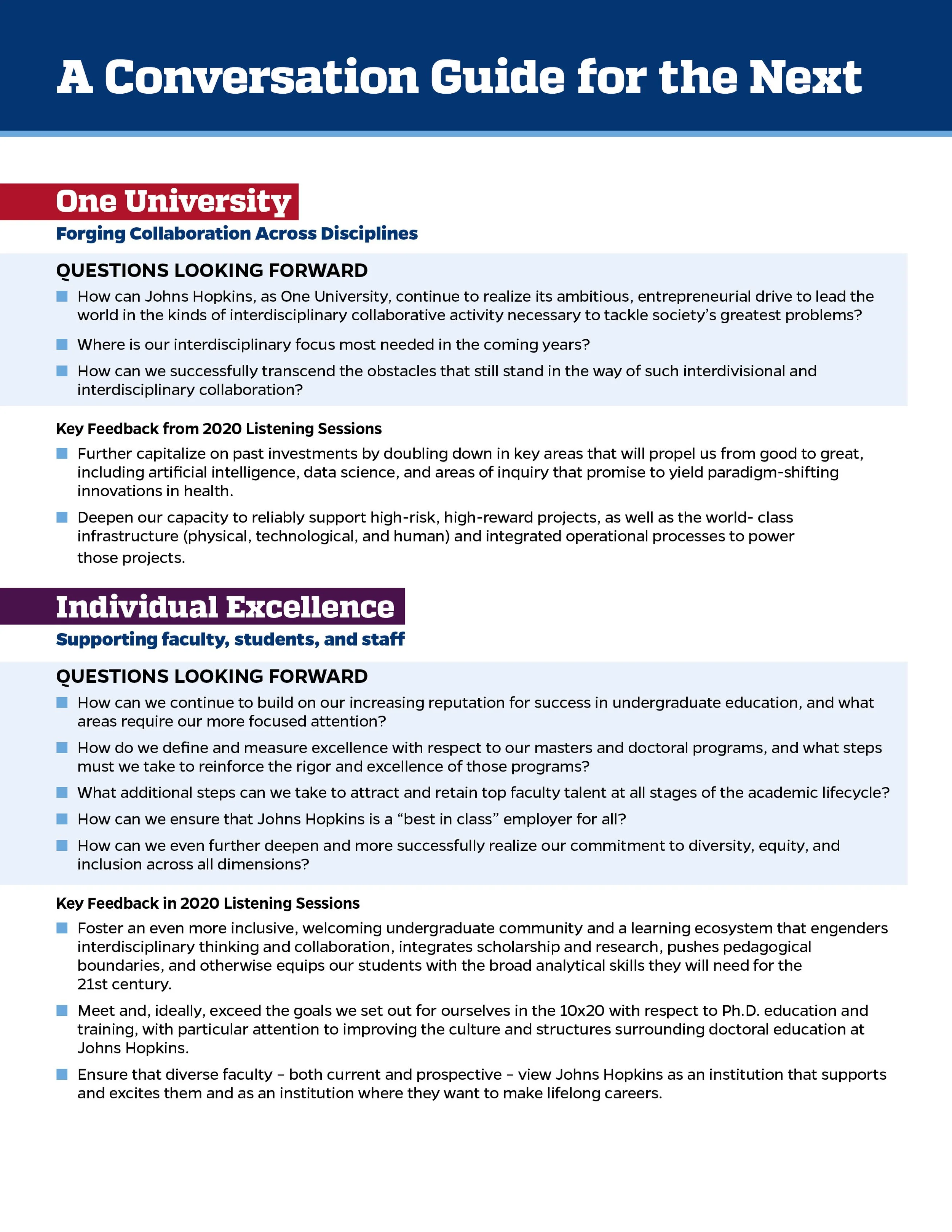 A professional document titled 'A Conversation Guide for the Next' from One University, discussing interdisciplinary collaboration and academic excellence with sections on questions and key feedback for 2020 listening sessions.
