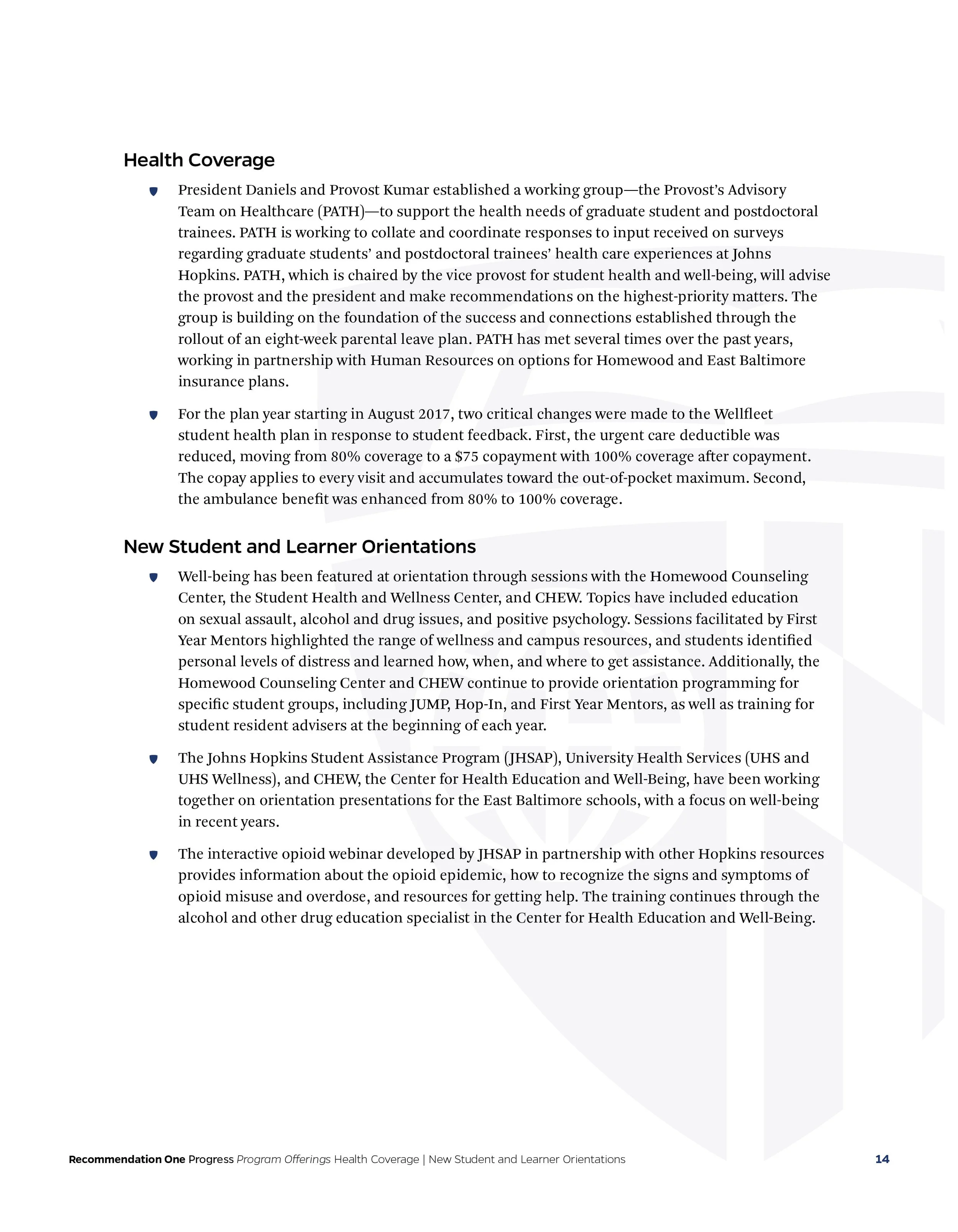 A page from a report discussing health coverage and student wellness programs at Johns Hopkins, including details on health plan changes and student orientations.