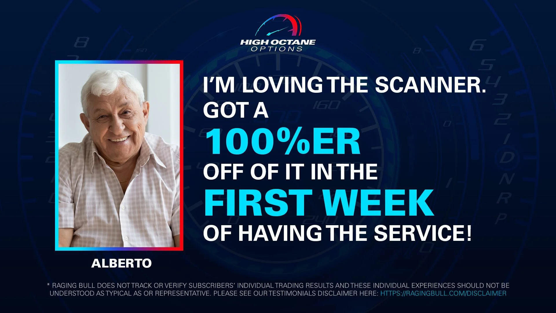Ad featuring an elderly man with white hair smiling, labeled ALBERTO, promoting high-octane options with a 100% earnings rebate on the first week of service. The background includes a speedometer graphic.