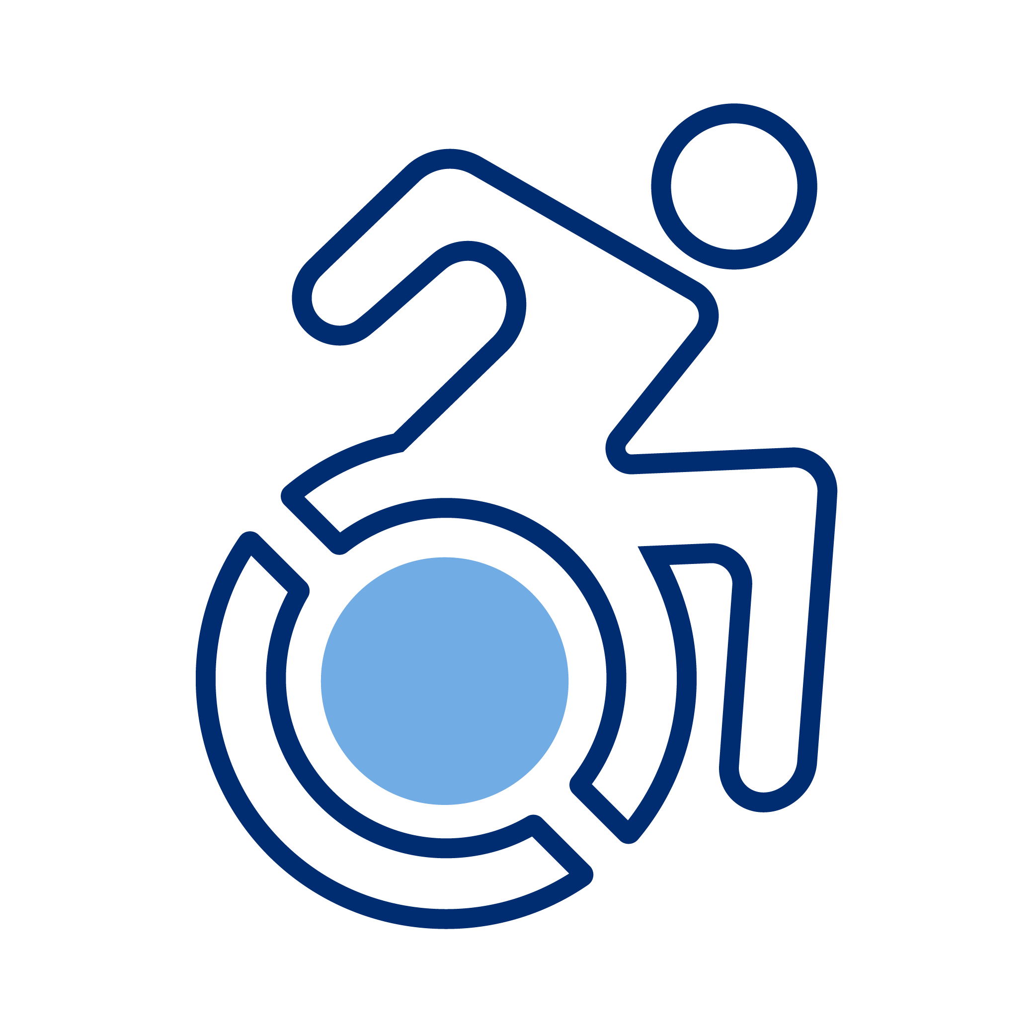 Icon of a person in a wheelchair with a blue circle and dark blue outline.