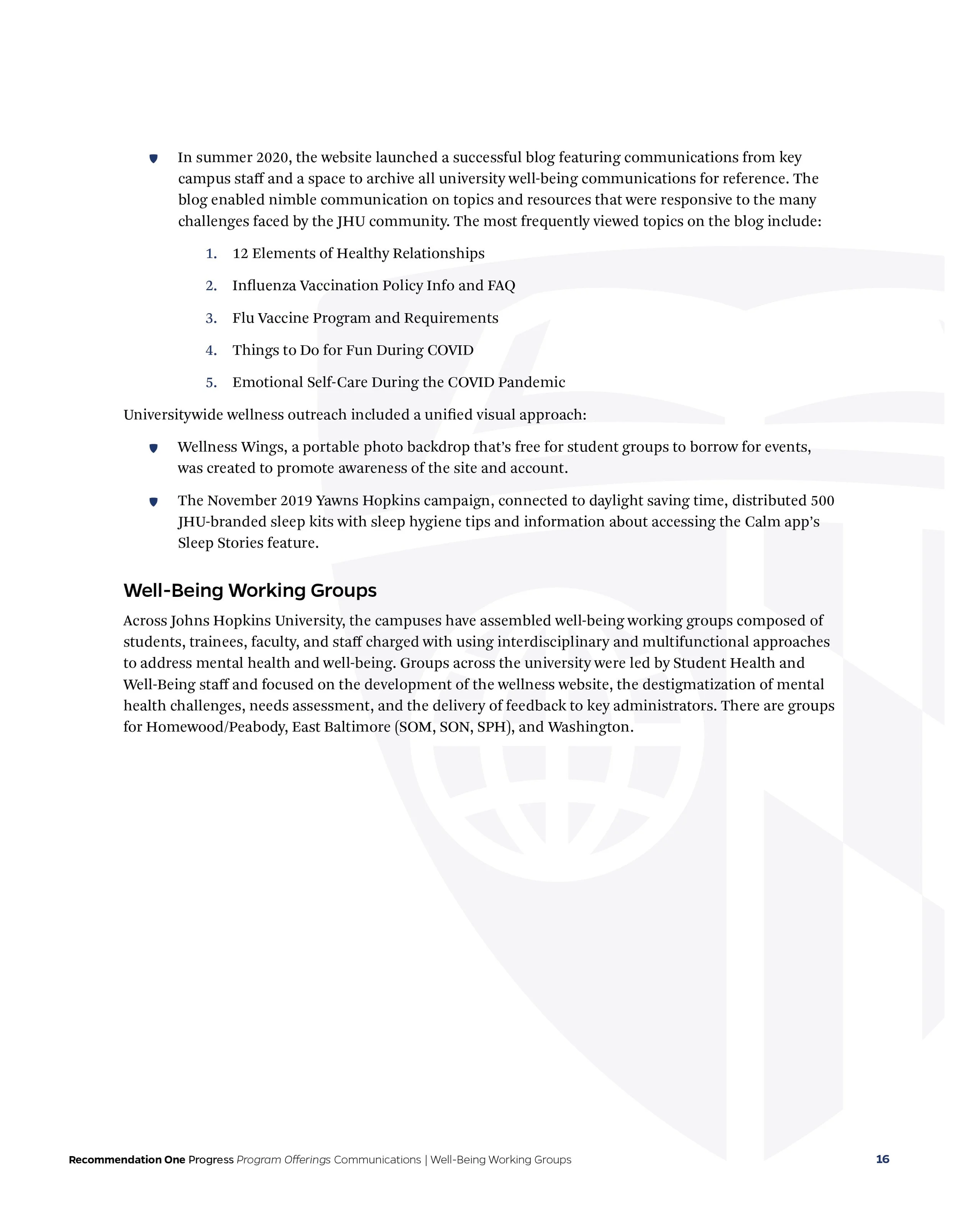 Page of a report or presentation discussing Johns Hopkins University's wellness efforts, including blog topics, campaigns, visual tools like Wellness Wings, and well-being work groups across campus.