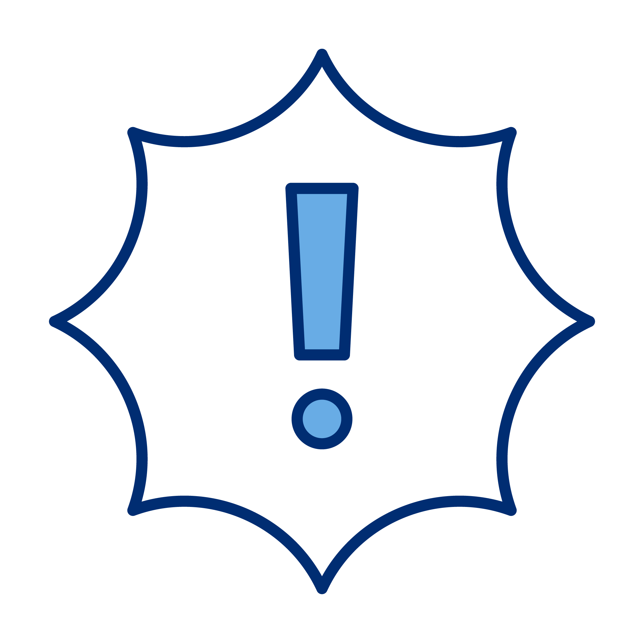 Warning symbol with an exclamation mark inside a shield outline.