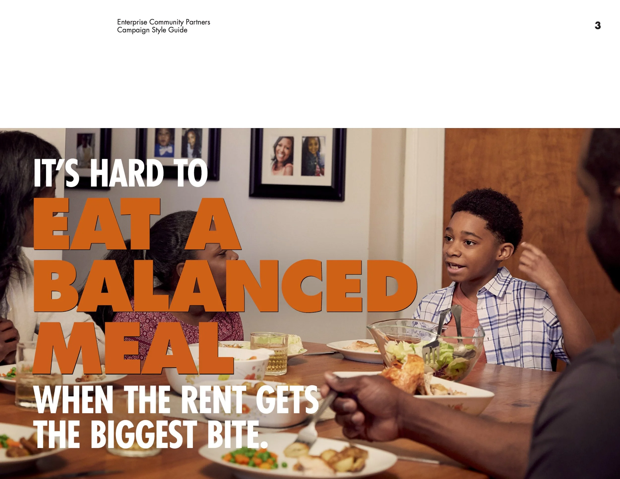 A family gathered around a dining table sharing a meal, with a young boy speaking, on a campaign style guide cover emphasizing balanced meals when rent is tight.