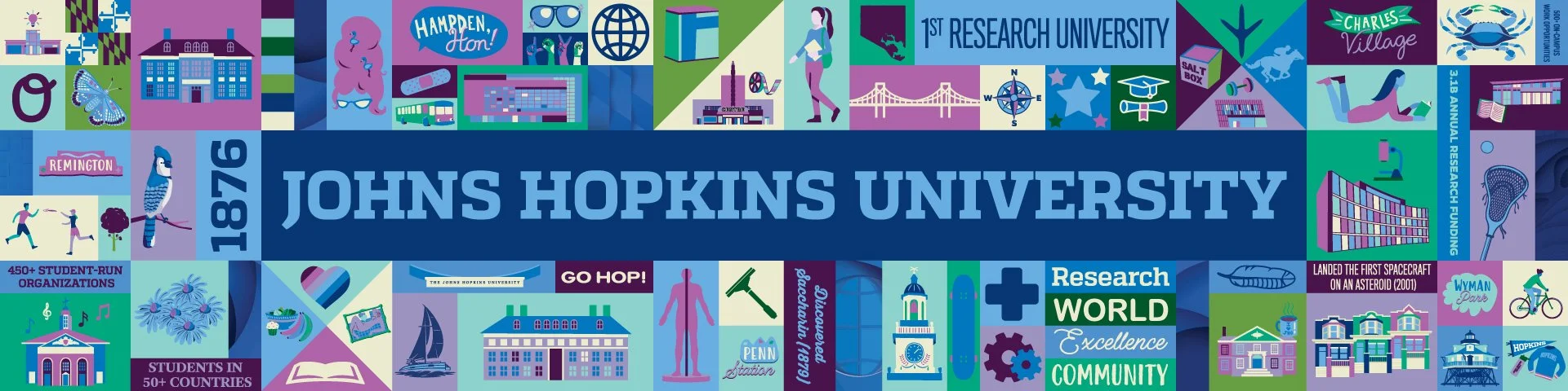 Collage of illustrations and symbols representing Johns Hopkins University, research, education, innovation, and global community, with various icons such as a butterfly, bridge, telescope, DNA, and a rocket, along with campus buildings and student a