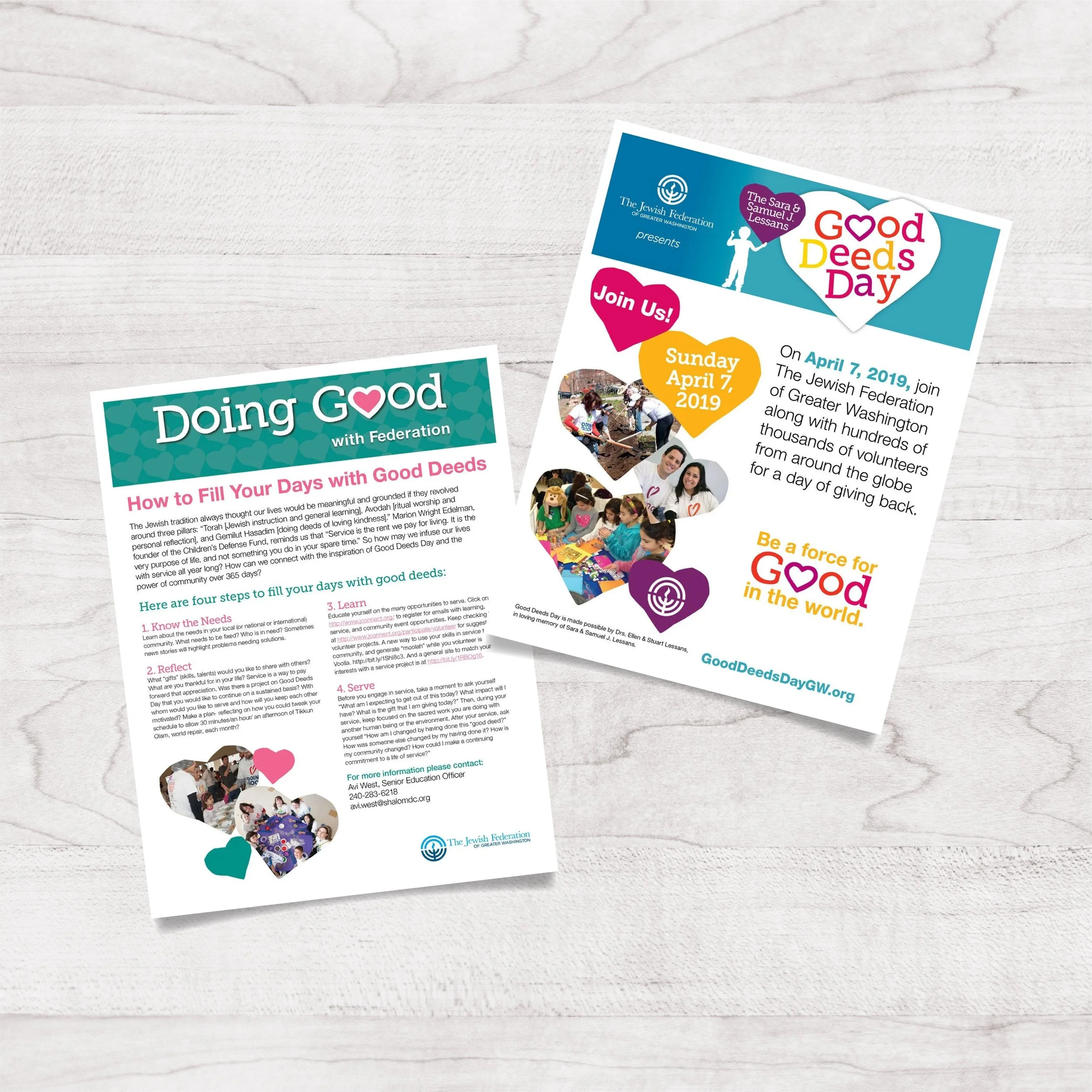 Flyer and pamphlet promoting Good Deeds Day on April 7, 2019, organized by The Jewish Federation of Greater Washington, featuring images of volunteers and children, with colorful text and graphics encouraging participation and community service.